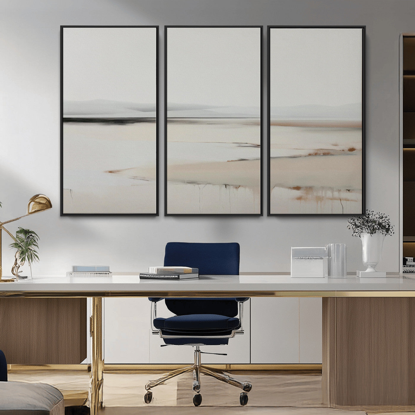 89410095-MGV-CV-36X24-Minimalist Landscape Wall Art Canvas Print – Framed Soft Horizon Abstract Seascape Earthy Tones Artwork for Home Office