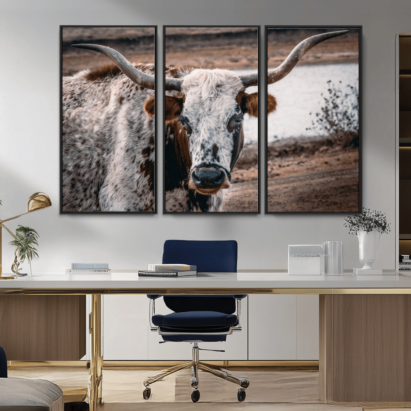 -Texas Longhorn Wall Art Canvas Print, Framed Spotted Cow Art Picture Print, Horned Cattle Perfect Rustic Western Decor Artwork