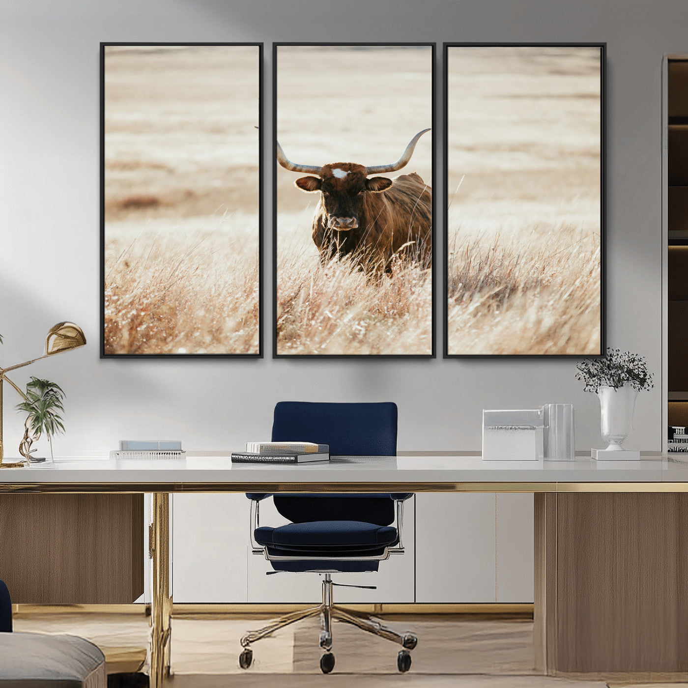 -Texas Longhorn Wall Art Canvas Print, Framed Brown Cattle Art Picture Print, Horned Bull Perfect Rustic Western Decor Artwork