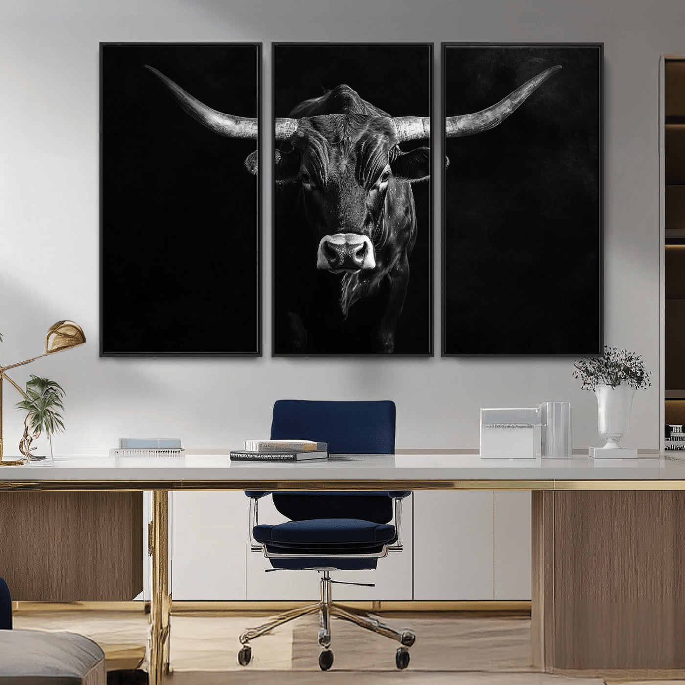 -Texas Longhorn Wall Art Canvas Print, Framed Monochrome Bull Art Picture Print, Horned Bull Perfect Rustic Western Decor Artwork
