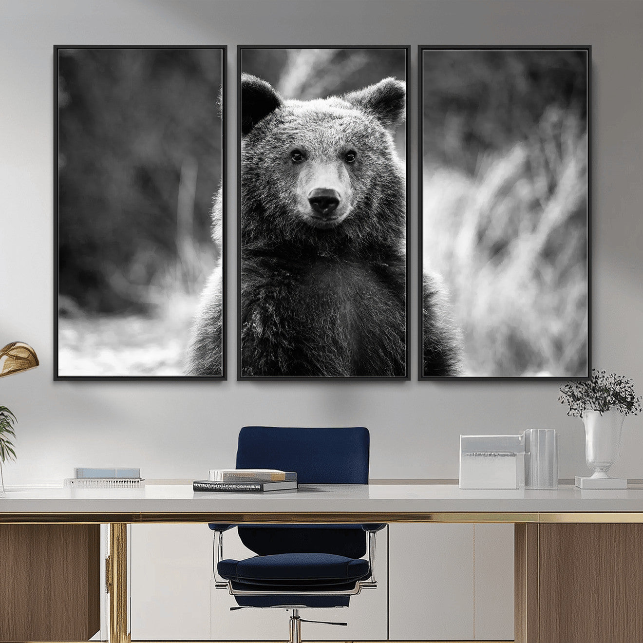55656803-MGV-CV-36X24-Grizzly Bear Wall Art Canvas Print – Framed Black White Wildlife Rustic Nature Artwork for Home, Office Decor