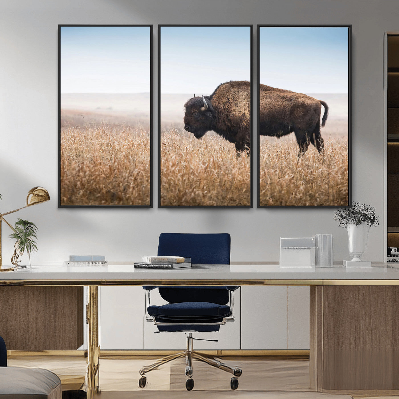 A solitary American bison stands in a dry grassland under soft skies, ideal for rustic or western-style home decor in warm neutral tones.