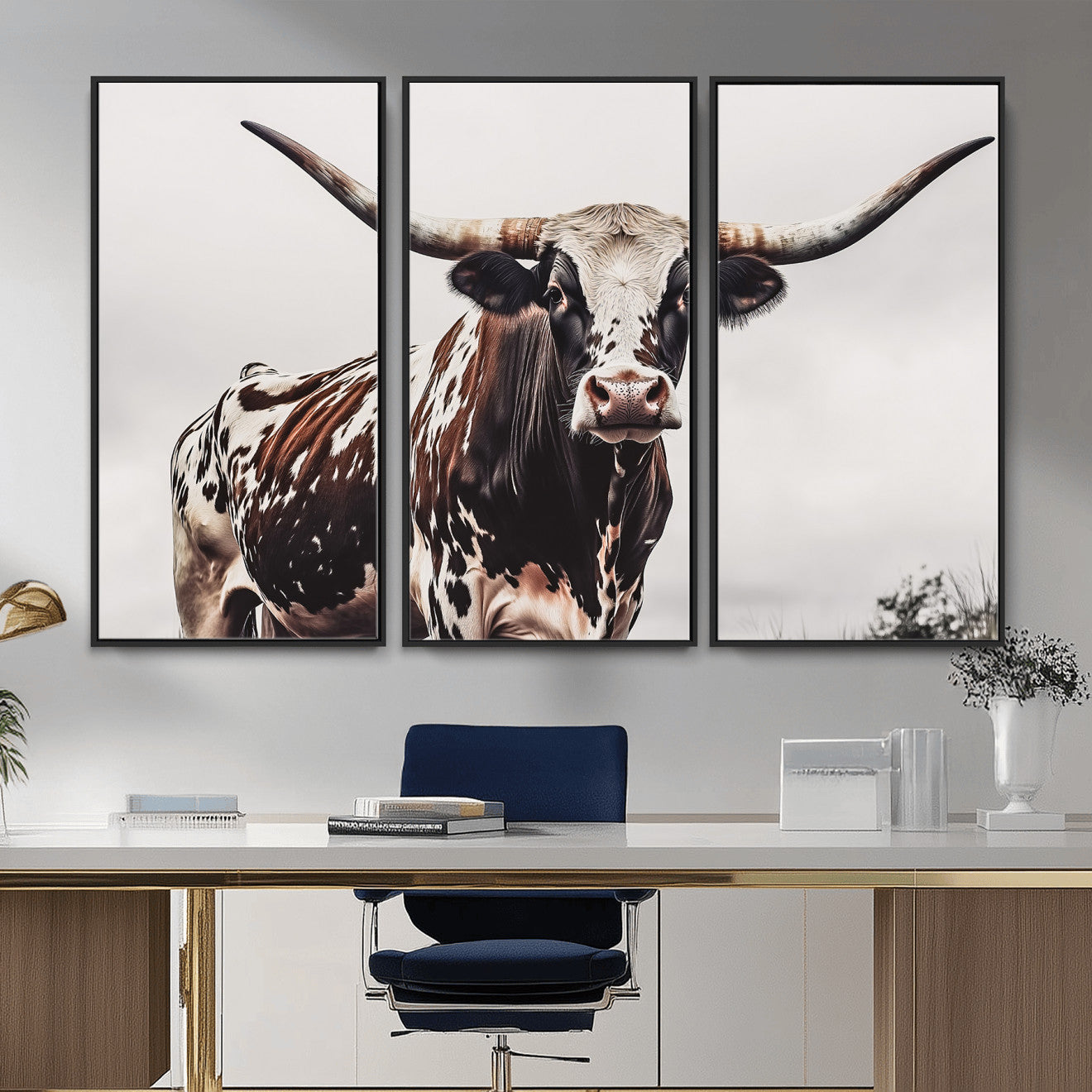 MGV-FC-48X32-3P - Texas Longhorn Wall Art Canvas Print, Framed Spotted Bull Art Picture Print, Horned Cattle Perfect Rustic Farmhouse Decor Artwork
