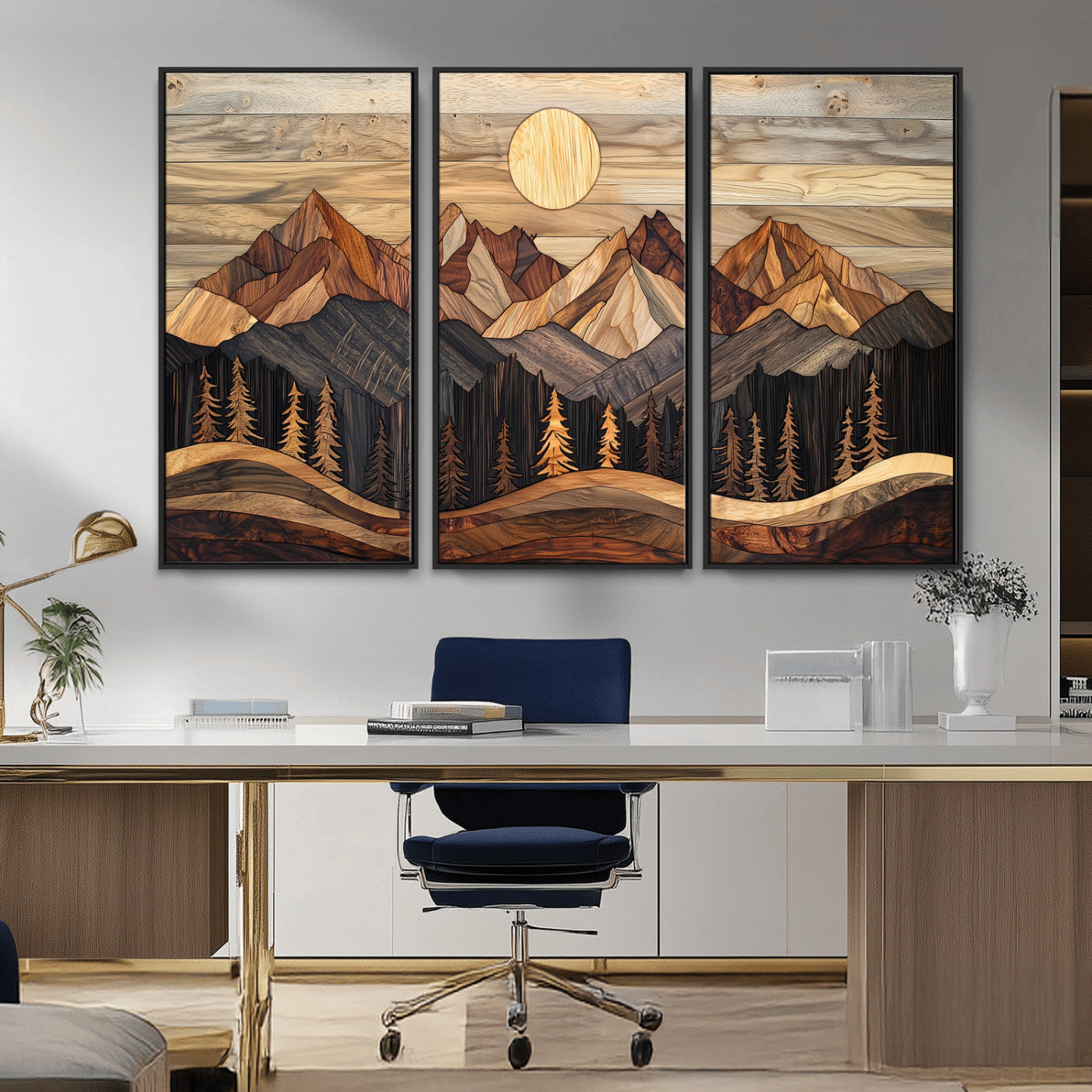 50100230-MGV-FC-48X32-3P_Black-Wood Mountain Wall Art Canvas Print – Framed Boho Abstract Woodland Rustic Farmhouse Geometric Artwork for Home Office