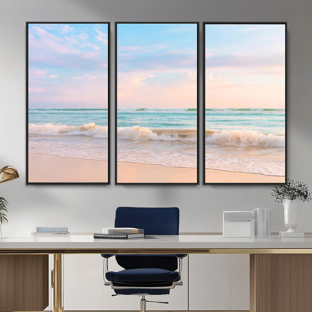 74679437-MGV-CV-36X24 - Serene Waves Wall Art – Golden Shore & Soft Pastel Sky Canvas Print, Gentle Ocean and Peaceful Sunset for Living Room or Office