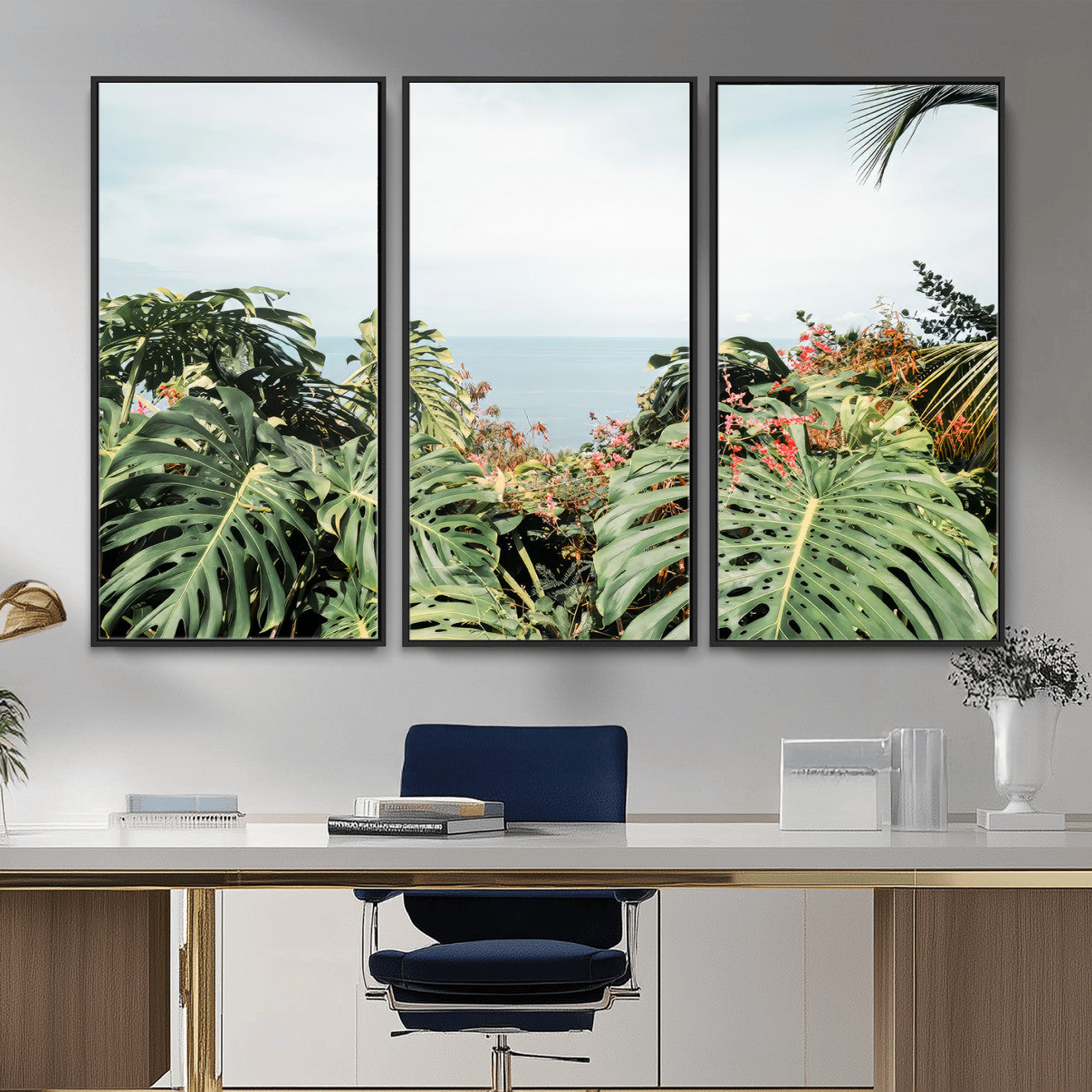 45700479-MGV-CV-36X24 - Tropical Greenery Wall Art – Exotic Leaves & Ocean View Canvas Print, Sunlit Paradise and Vibrant Nature for Living Room or Coastal Decor