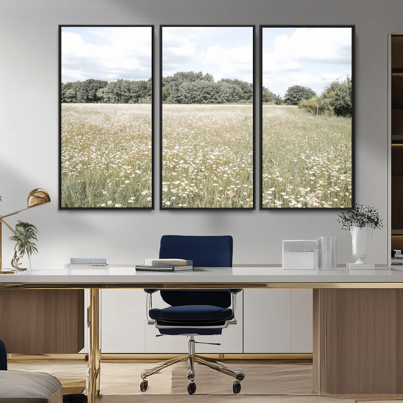 43258946-MGV-CV-36X24-Charming Daisy Field Wall Art Canvas Print – Framed Pastel Flower Meadow Bloom Scandinavian Minimal Artwork for Home Office