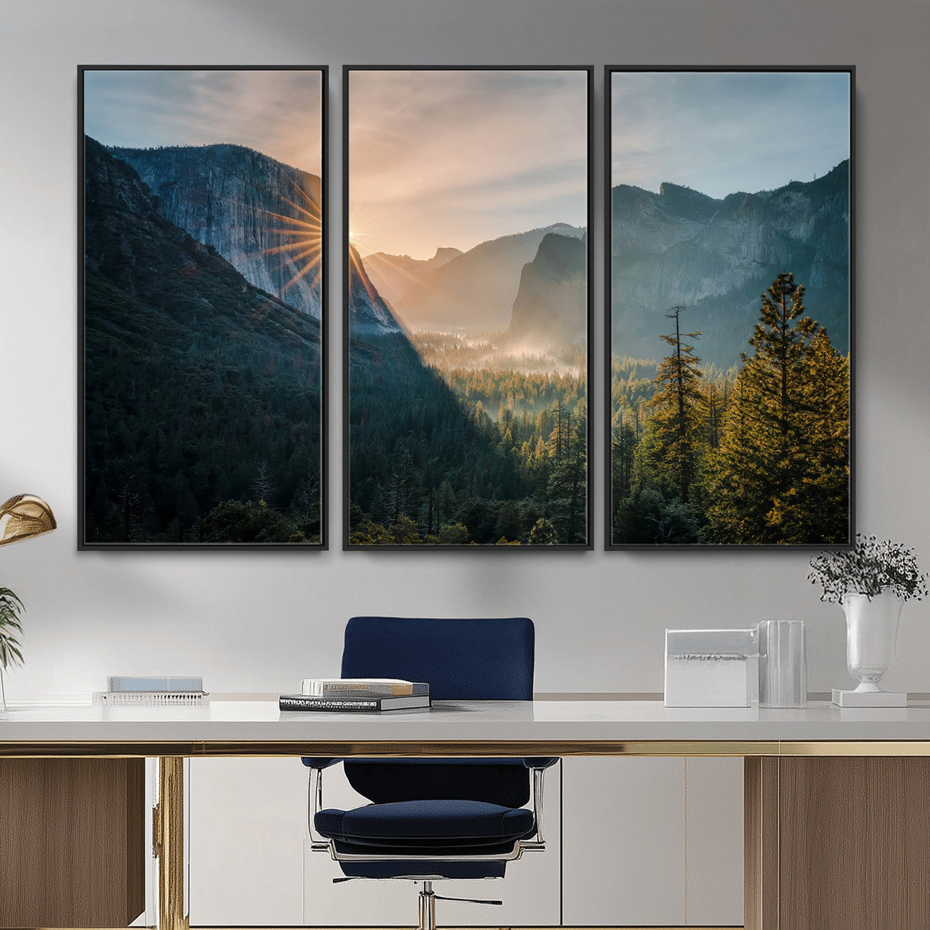 51605481-MGV-CV-36X24 - Yosemite Valley Wall Art – Misty Forest Peaks Canvas Print, Radiant Light, Tranquil Nature Landscape for Living Room or Cabin Decor