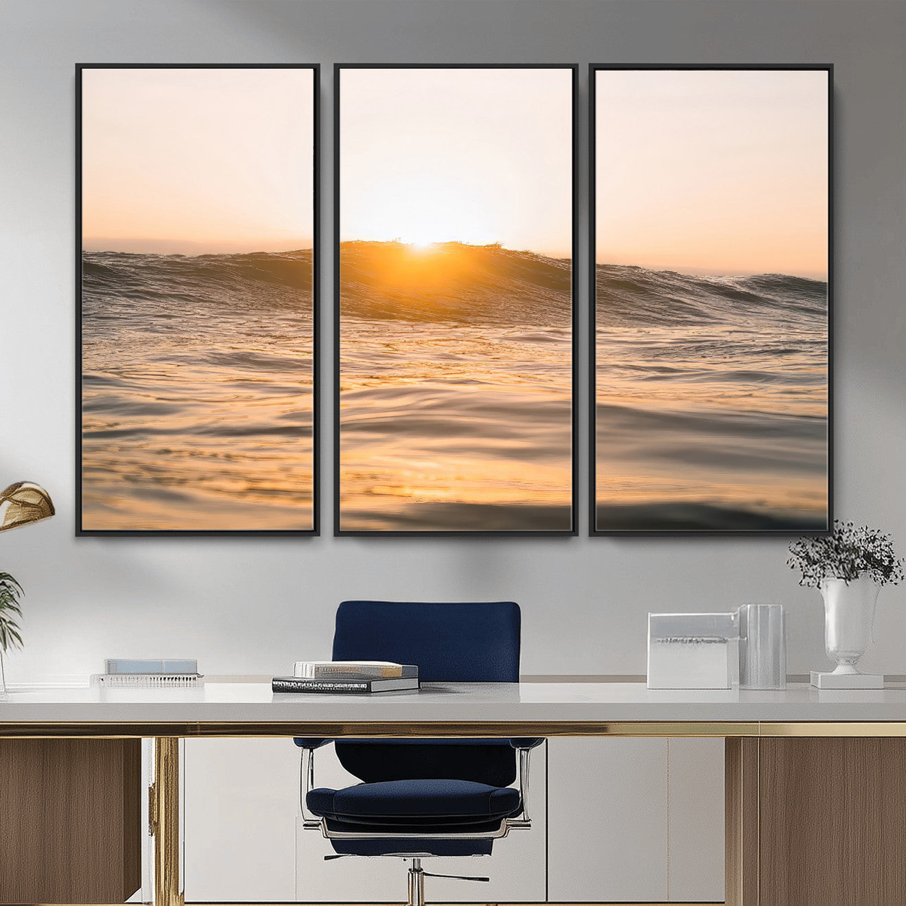 16973771-MGV-CV-36X24-Calm Water Wall Art – Framed Sunset Waves Canvas Artwork, Coastal Warm Design, Minimal Ocean Decor for Home, Office