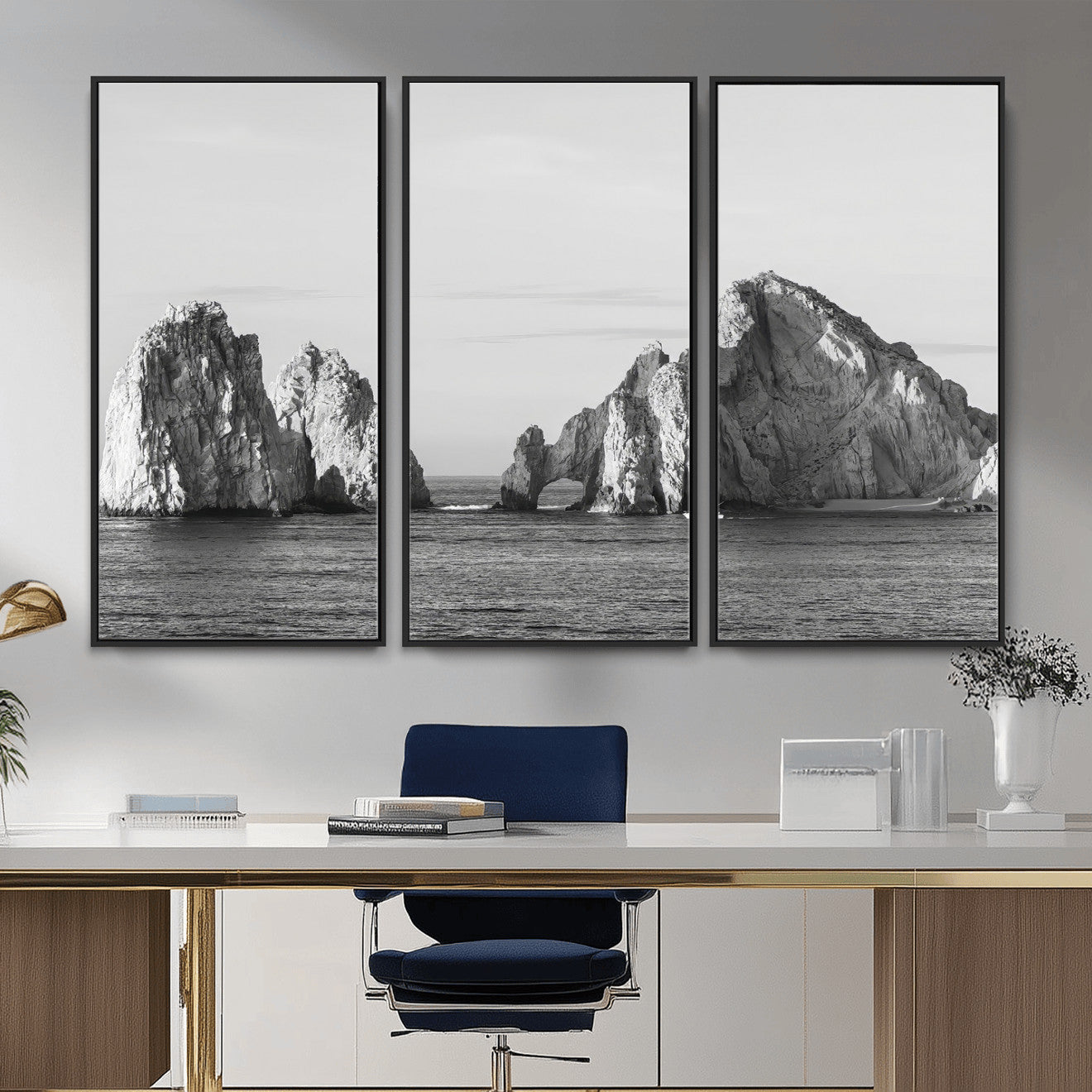 MGV-FC-48X32-3P - Rugged Coastline Wall Art Canvas Print, Framed Ocean Cliffs Art Picture Print, Monochrome Seascape Perfect Coastal Minimalist Decor Artwork