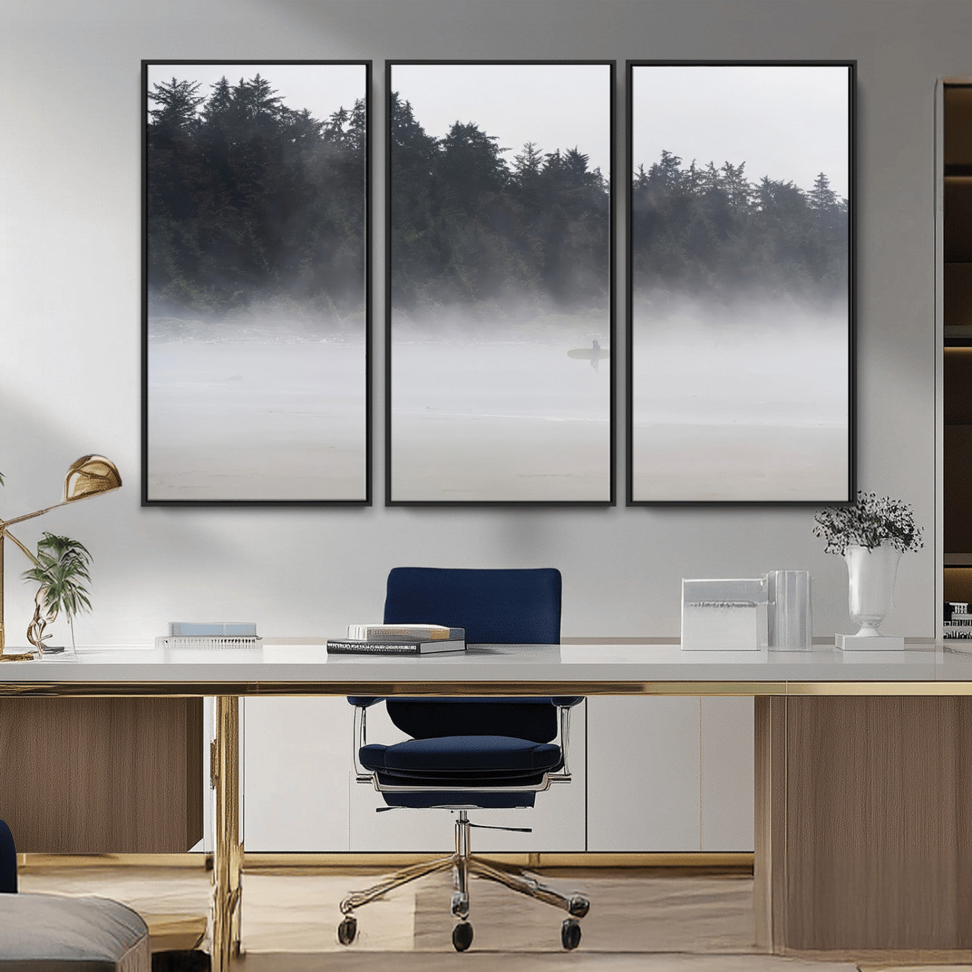 59703275-MGV-CV-36X24-Surfer Fog Wall Art Canvas Print – Framed Foggy Beach Scene with Coastal Surf Artwork for Home, Office, Living Room