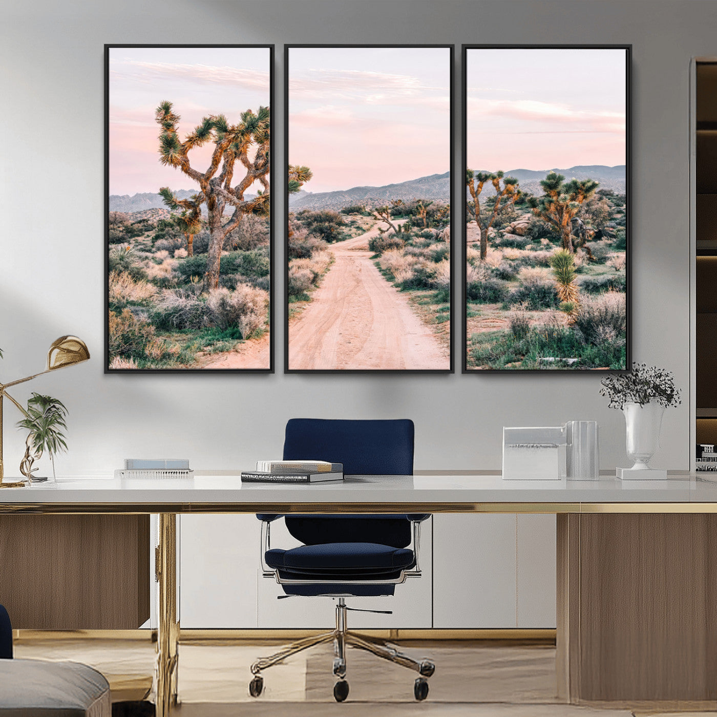 MGV-FC-48X32-3P - Desert Trail Wall Art – Canvas Print of Joshua Trees & Sunset Glow, Sandy Path Wilderness, Scenic Nature Escape Decor for Living Room, Office or Bedroom