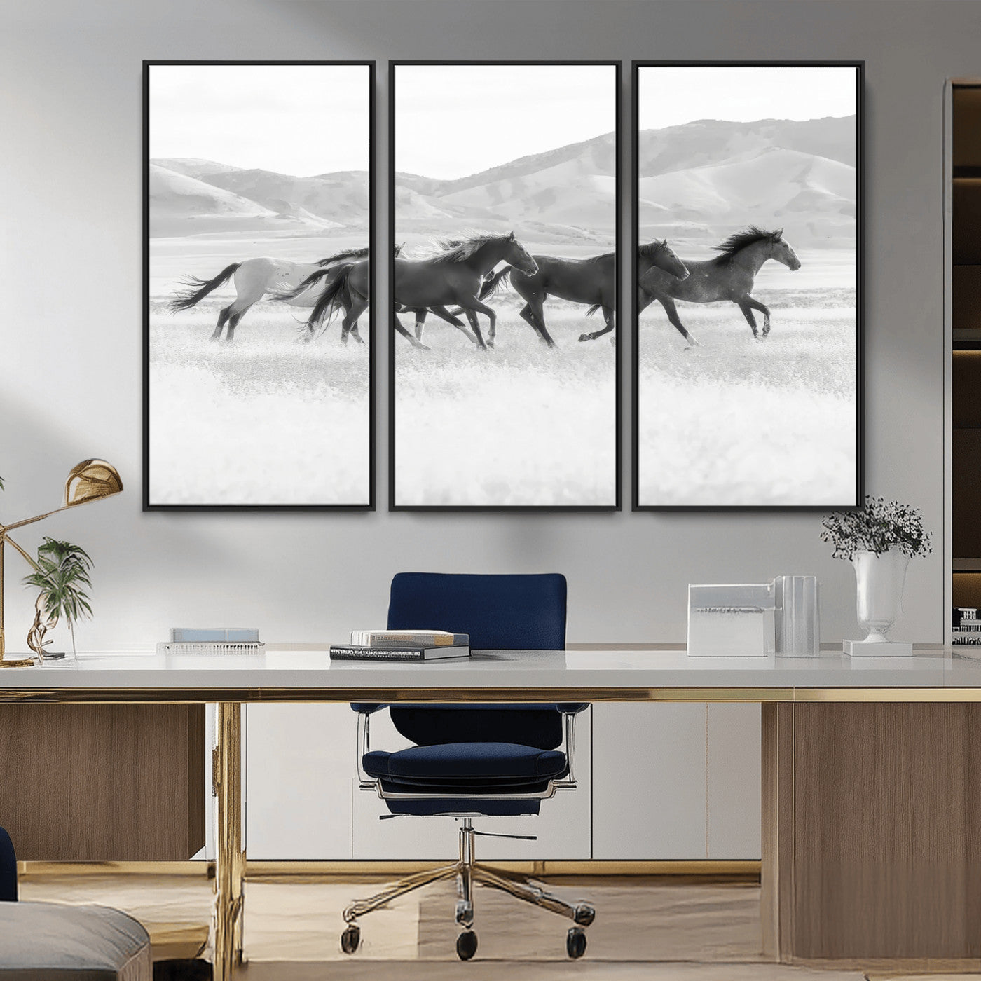 MGV-FC-48X32-3P - Wild Horses Wall Art – Black & White Canvas Print of Herd Running, Nature in Motion, Freedom & Beauty Decor for Guest Room, Office or Living Room