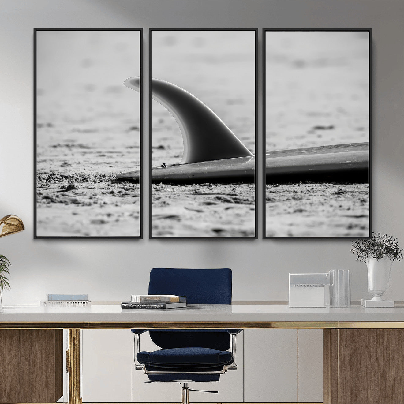 MGV-FC-48X32-3P - Black White Surfboard Wall Art Canvas Print, Framed Minimalist Beach Art Picture Print, Surf Fin Perfect Minimalist Coastal Decor Artwork