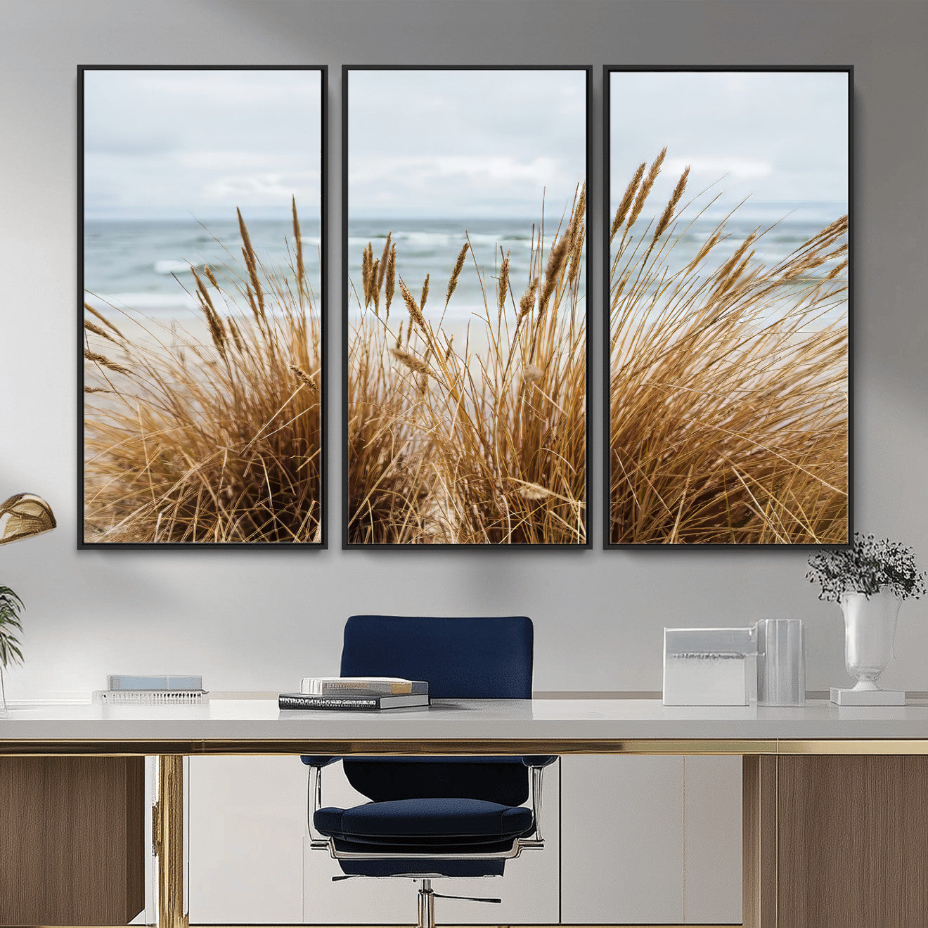 14270839-MGV-FC-48X32-3P_Black-Beach Grass Wall Art – Framed Coastal Dunes Canvas Artwork, Minimal Seaside Design, Modern Coastal Decor for Home, Office