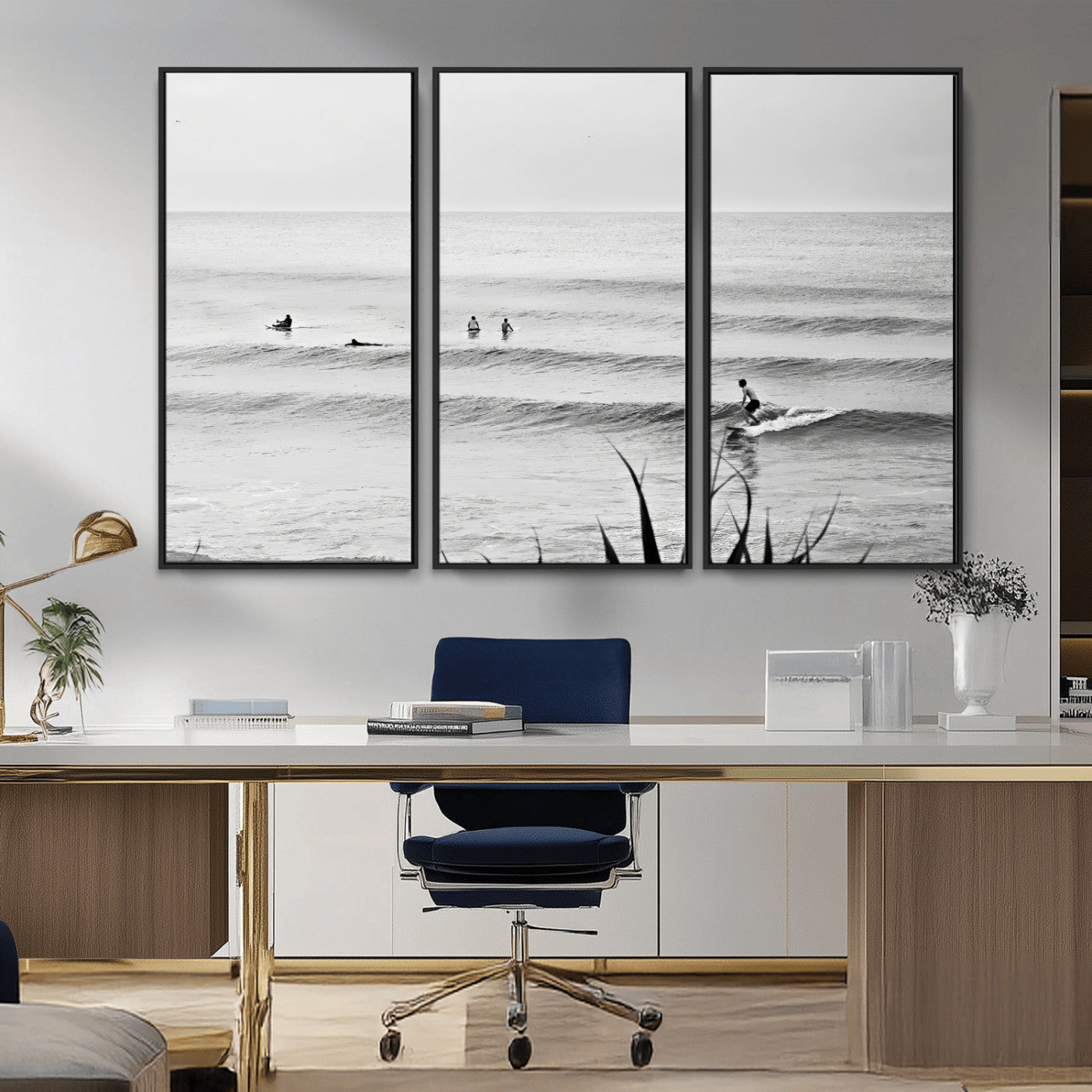 33821421-MGV-CV-36X24-Surfer Silhouette Wall Art – Framed Calm Ocean Canvas Artwork, Monochrome Minimal Design, Modern Coastal Decor for Home, Office