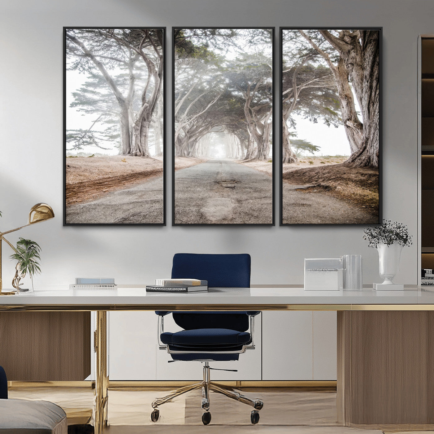 87090469-MGV-FC-48X32-3P_Black-Cypress Tunnel Wall Art – Framed Misty Road Canvas Artwork, Foggy Trees Design, Rustic Woodland Nature Decor for Home, Office