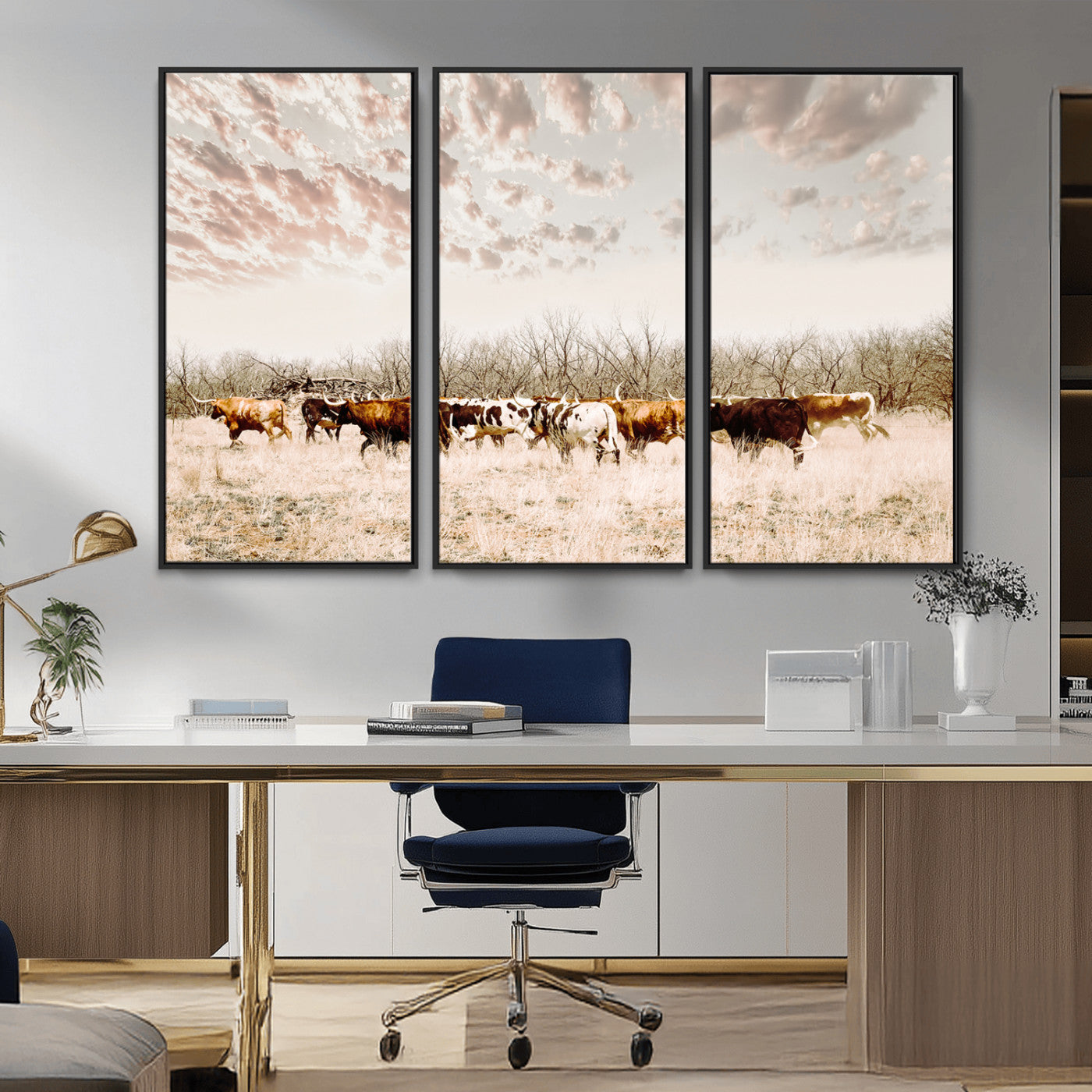 -Longhorn Cattle Wall Art Canvas Print, Framed Texas Ranch Art Picture Print, Western Cow Perfect