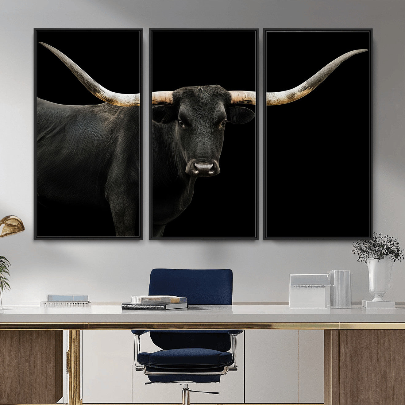 99448328-MGV-CV-36X24 - Longhorn Cattle Wall Art Canvas Print, Framed Texas Black Bull Art Picture Print, Western Cow Perfect Farmhouse Decor Artwork