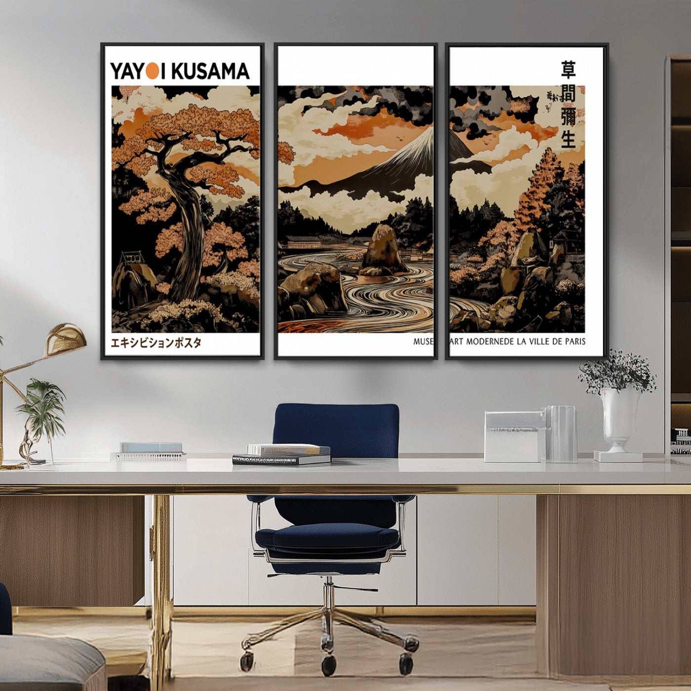 96372548-MGV-CV-36X24-Modern Japanese Wall Art Canvas Print – Framed Abstract Mount Fuji Scene with Yayoi Kusama Style Artwork for Home, Office