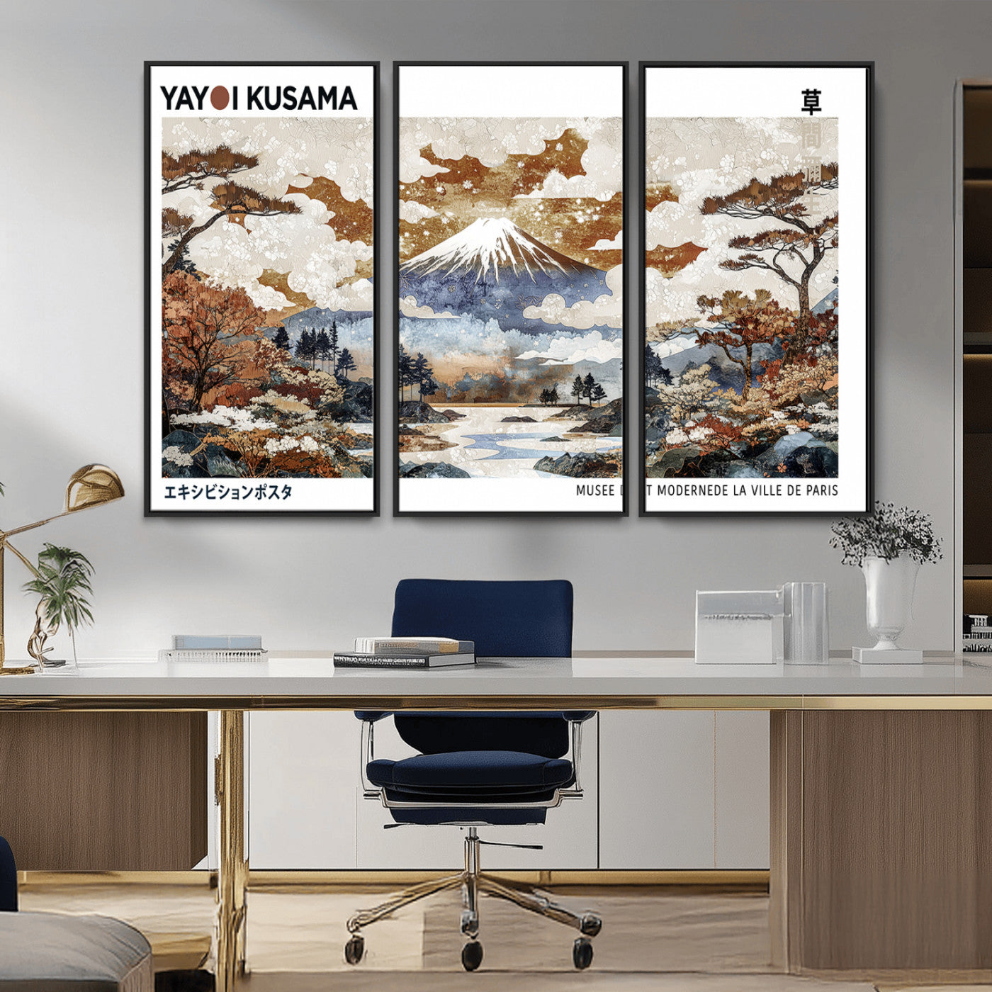 80111817-MGV-CV-36X24-Modern Japanese Wall Art Canvas Print – Framed Abstract Mount Fuji Scene with Yayoi Kusama Artwork for Home, Office