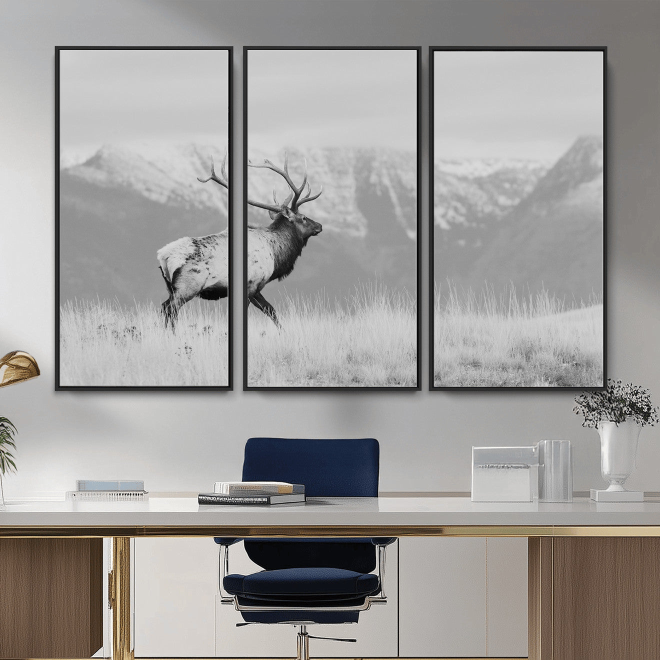 36150391-MGV-FC-48X32-3P - Wall Art Canvas Print – Majestic Elk Black & White Wilderness, Scenic Mountain and Grassland Landscape, Wildlife Nature Decor for Home or Office