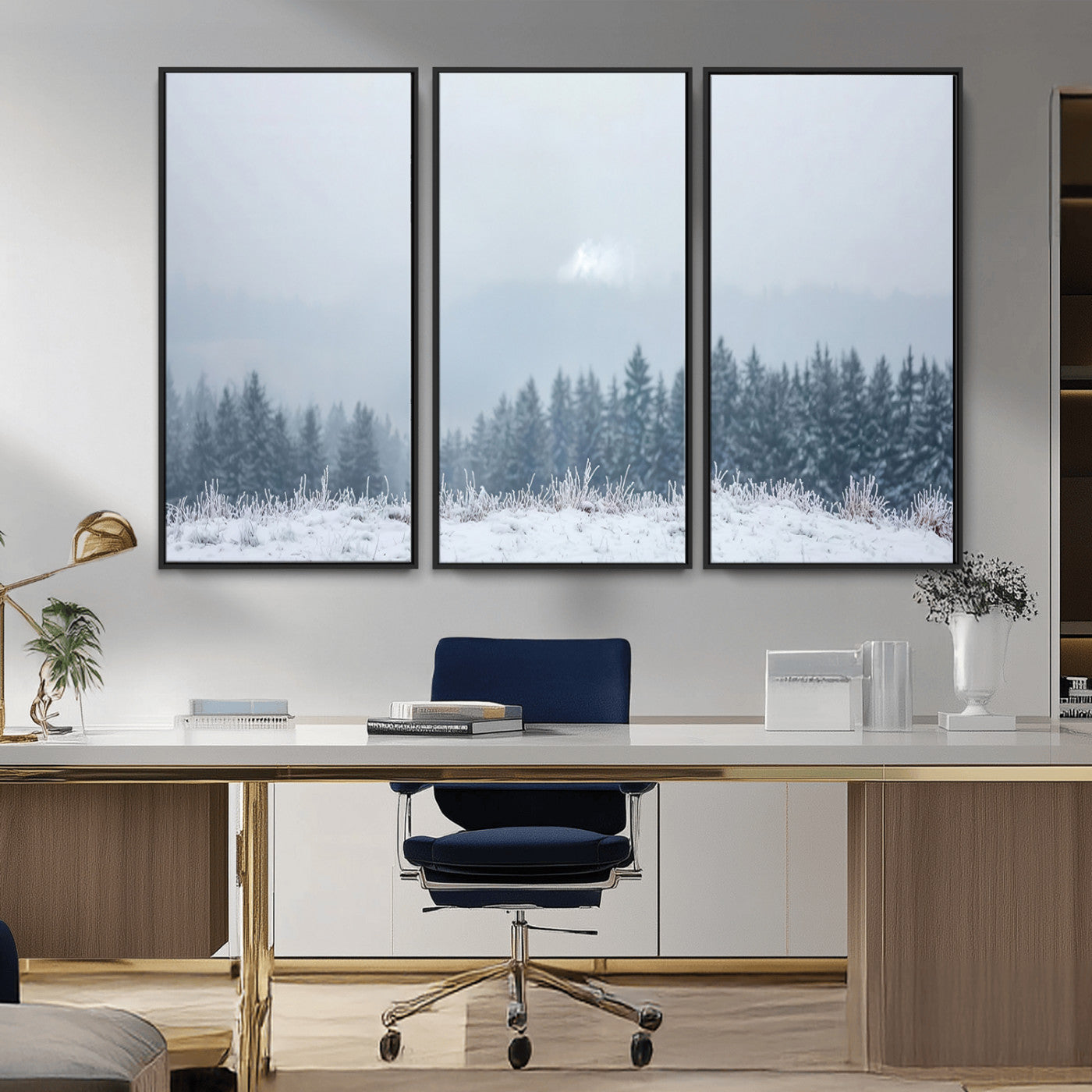 33033082-MGV-FC-48X32-3P_Black-Winter Forest Wall Art Canvas Print – Framed Snowy Landscape Art Picture Misty Tree Scene Artwork for Home Office