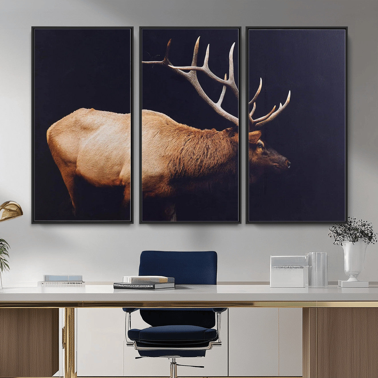 89239257-MGV-CV-36X24 - Rustic Elk Wall Art Canvas Print – Framed Moody Wildlife Art Picture Western Animal Artwork for Home, Office Decor