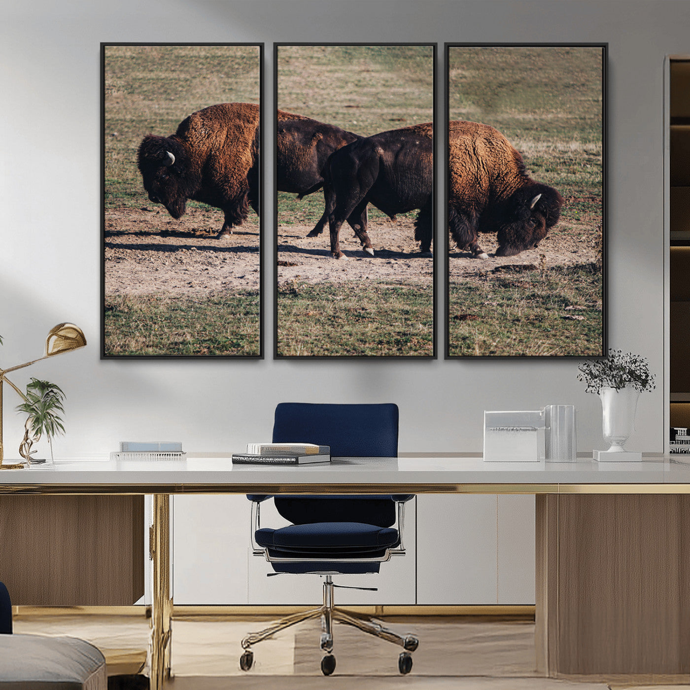 58141885-MGV-CV-36X24-Bison Wall Art Canvas Print – Framed Western Wildlife Modern Ranch Rustic Nature Scene Artwork for Home Office