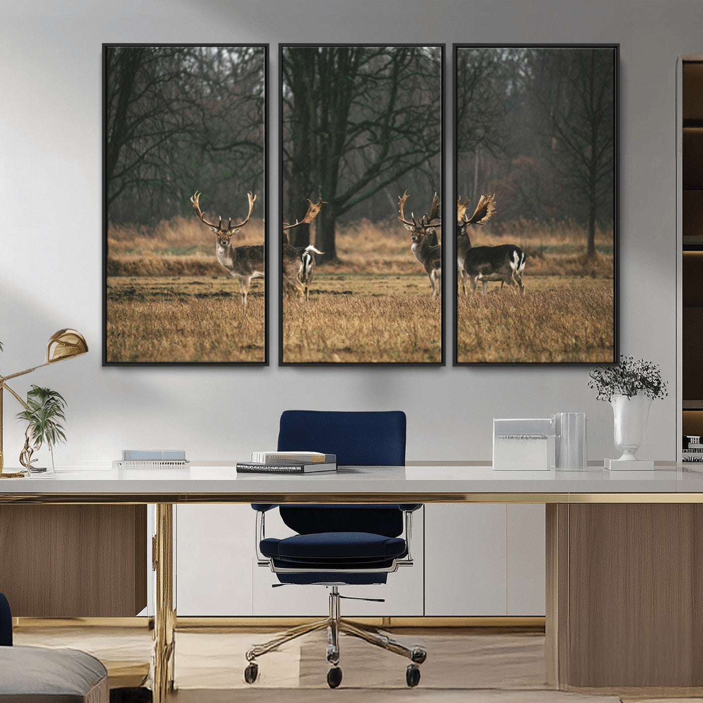 55348744-MGV-CV-36X24-Deer Wall Art Canvas Print – Framed Rustic Wildlife Stags Forest Nature Scene Artwork for Home, Office, Living Room