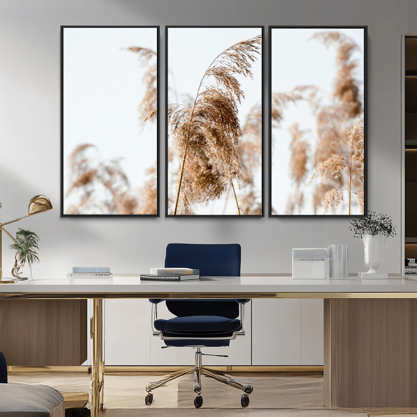 17019393-MGV-FC-48X32-3P_Black-Pampas Grass Wall Art Canvas Print – Framed Neutral Tones Minimalist Nature Boho Scene Artwork for Home Office