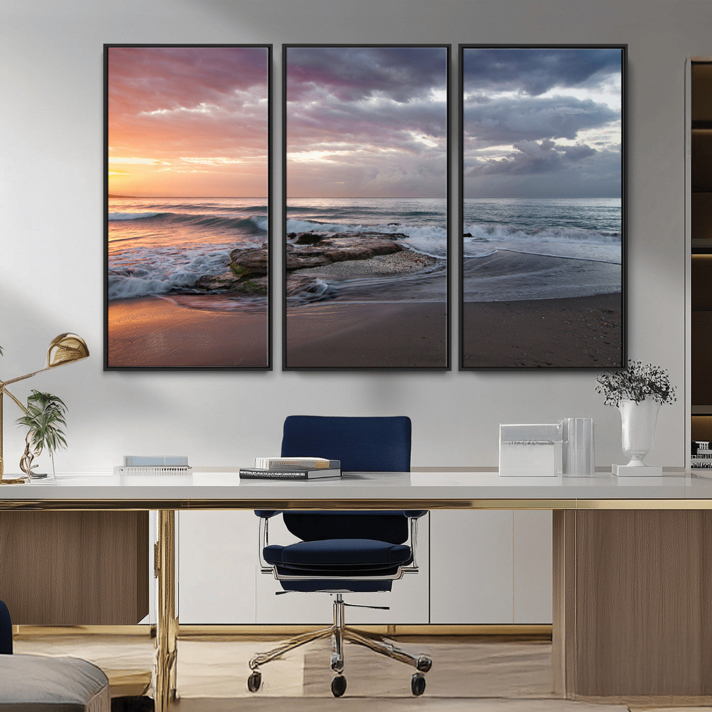 94208089-MGV-FC-48X32-3P_Black-Golden Hour Wall Art Canvas Print – Framed Tranquil Waves Beach Coastal Serenity Nature Scene Artwork for Home Office