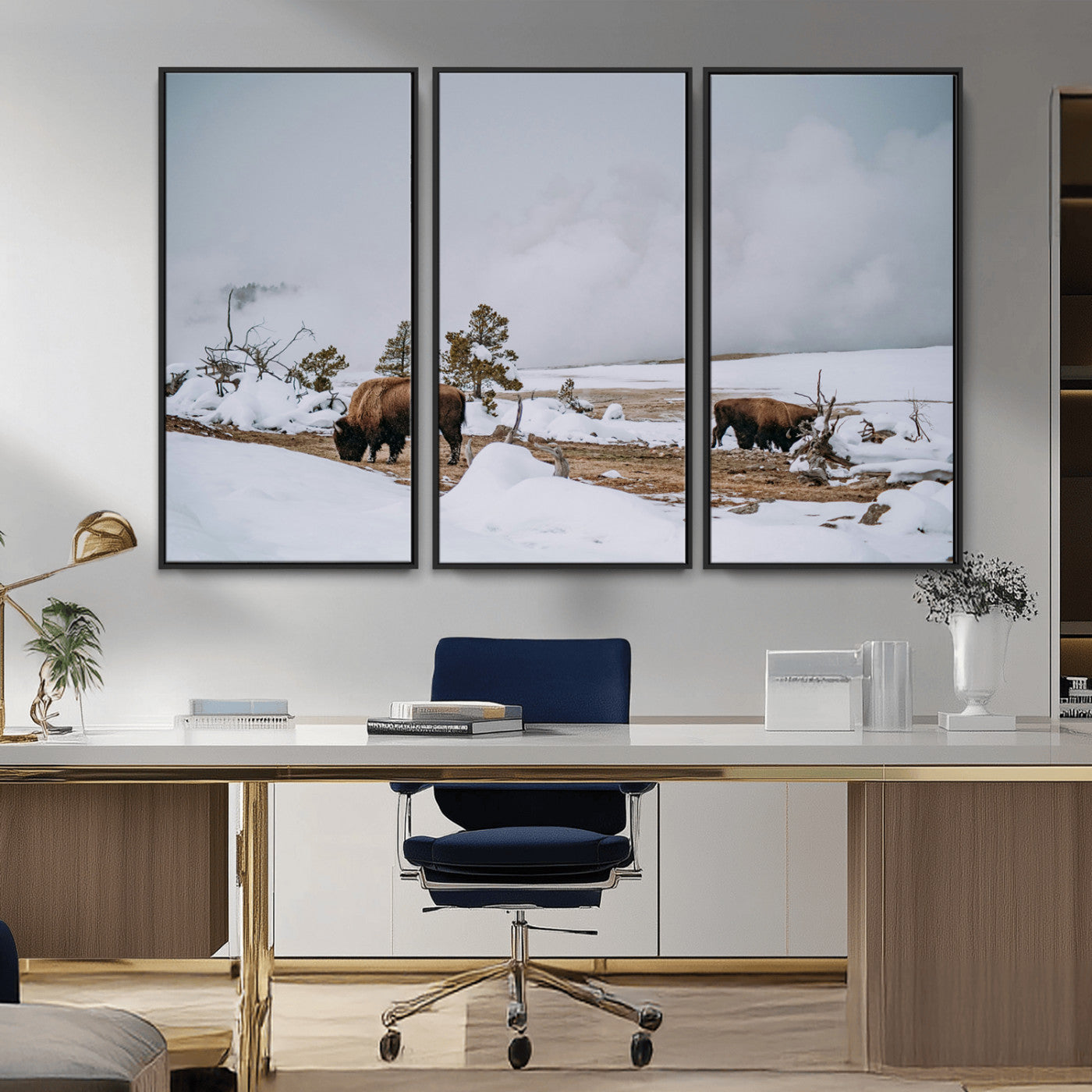 60308289-MGV-FC-48X32-3P_Black-Bison Wildlife Wall Art Canvas Print – Framed Snowy Prairie Western Rustic Nature Scene Artwork for Home Office
