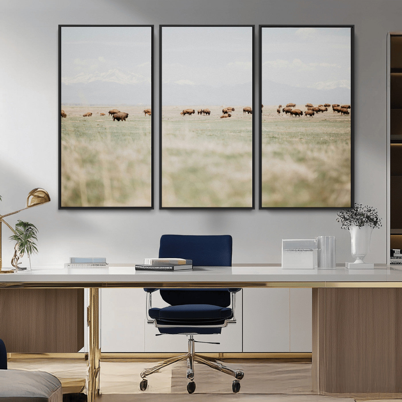 -Bison Herd Wall Art Canvas Print – Framed Western Bison Ranch Nature Scene Artwork for Home, Office, Living Room