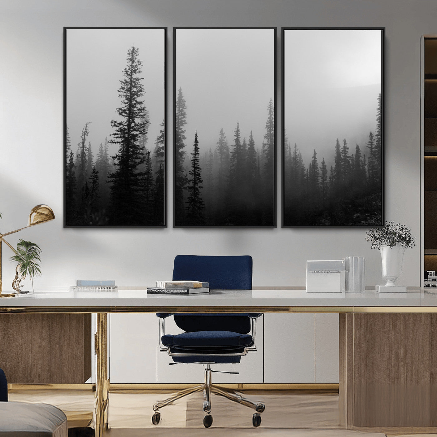 73138900-MGV-FC-48X32-3P_Black-Misty Pines Wall Art Canvas Print – Framed Woodland Minimalist Rustic Nature Scene Photography Artwork for Home Office