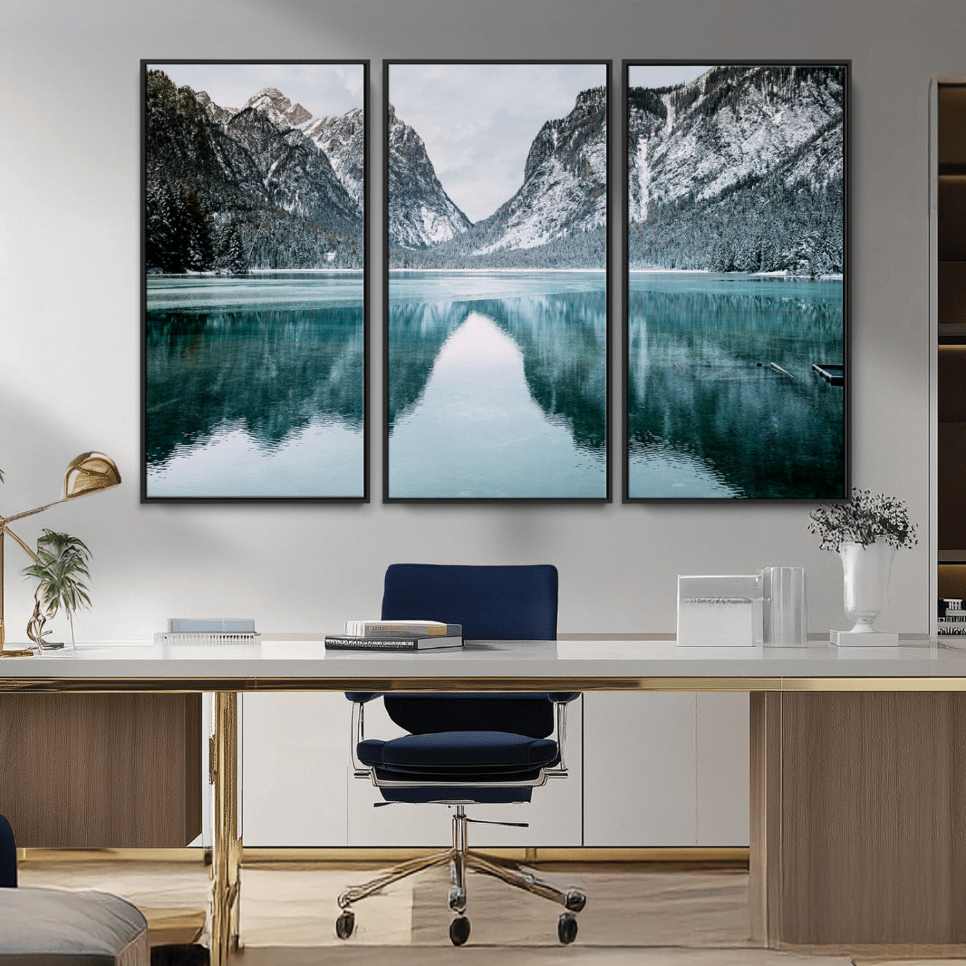 73098373-MGV-FC-48X32-3P_Black-Mountain Lake Wall Art Canvas Print – Framed Snowy Peaks Wonderland Nature Scene Artwork for Home Office