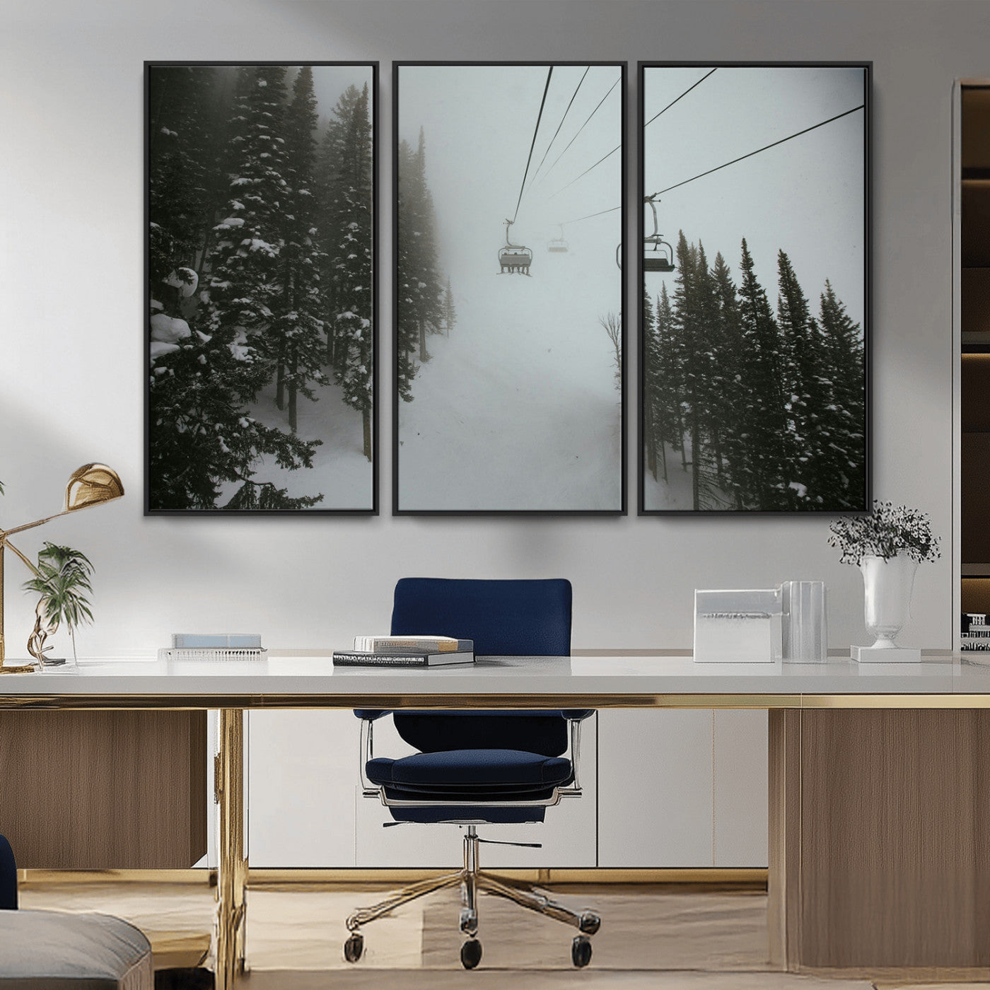 87018452-MGV-CV-36X24-Ski Lift Wall Art Canvas Print – Snowy Pines Misty Landscape Winter Serenity Artwork for Home, Office Decor