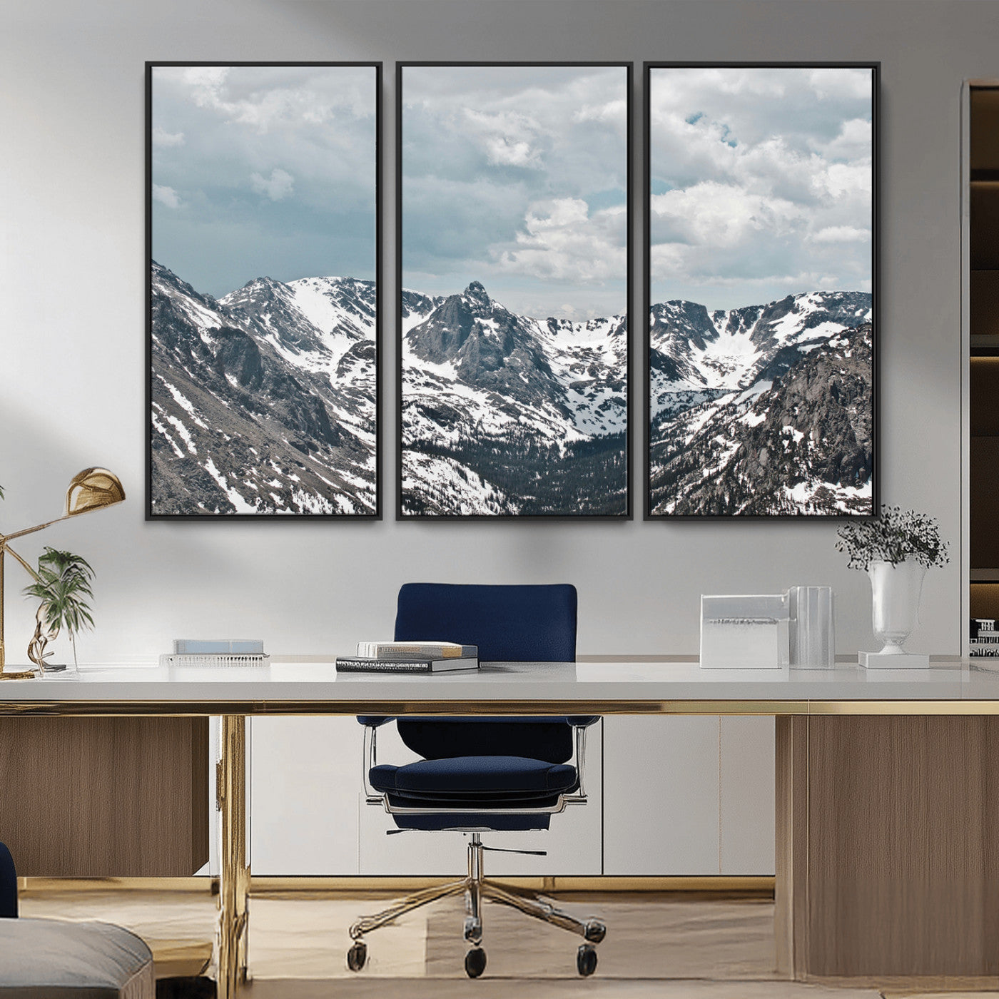 94074619-MGV-FC-48X32-3P_Black-Snowy Peaks Wall Art Canvas Print – Alpine Wilderness Mountain Escape Winter Serenity Artwork for Home, Office