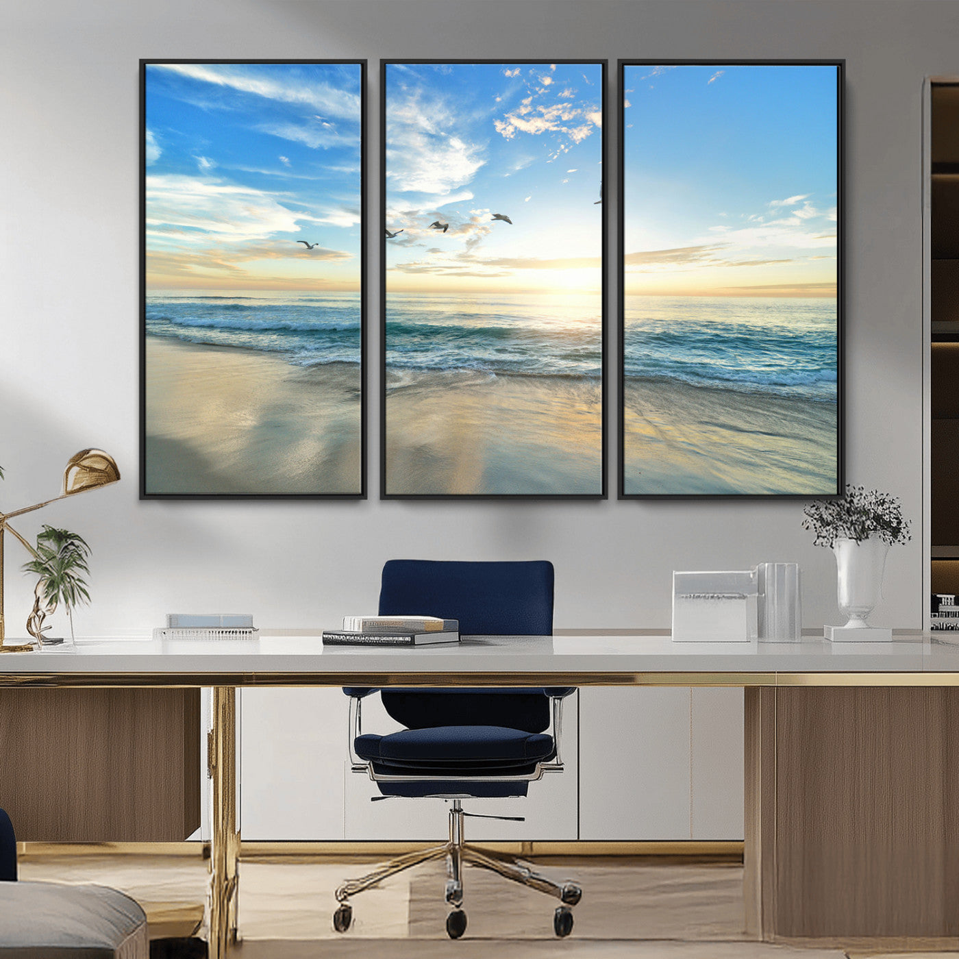 20708696-MGV-CV-36X24-Minimalist Seaside Wall Art Canvas Print – Morning Glow Golden Reflections Coastal Nature Artwork for Home, Office