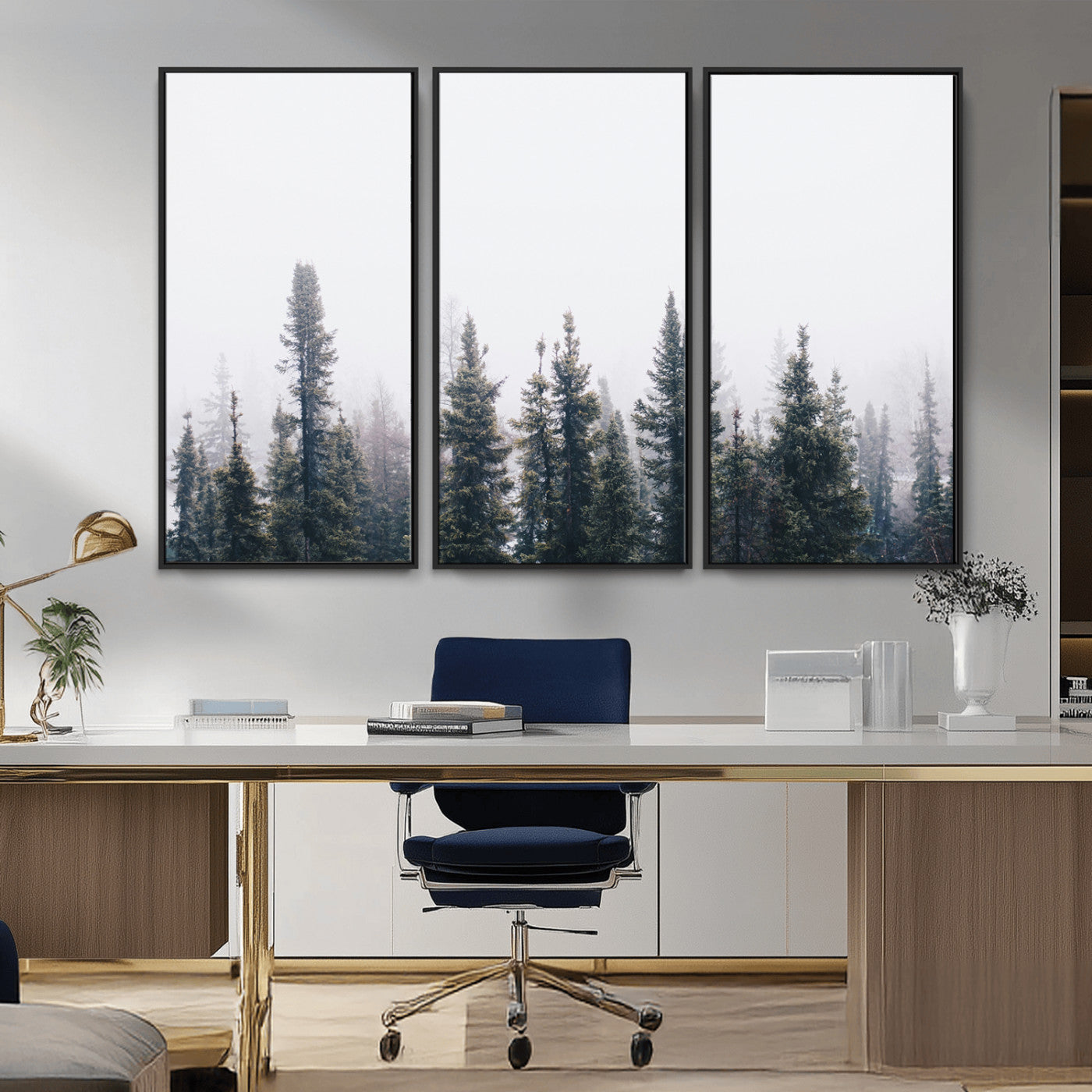 42364796-MGV-FC-48X32-3P_Black-Foggy Forest Wall Art Canvas Print – Framed Misty Pines Moody Woodland Nature Scene Artwork for Home Office