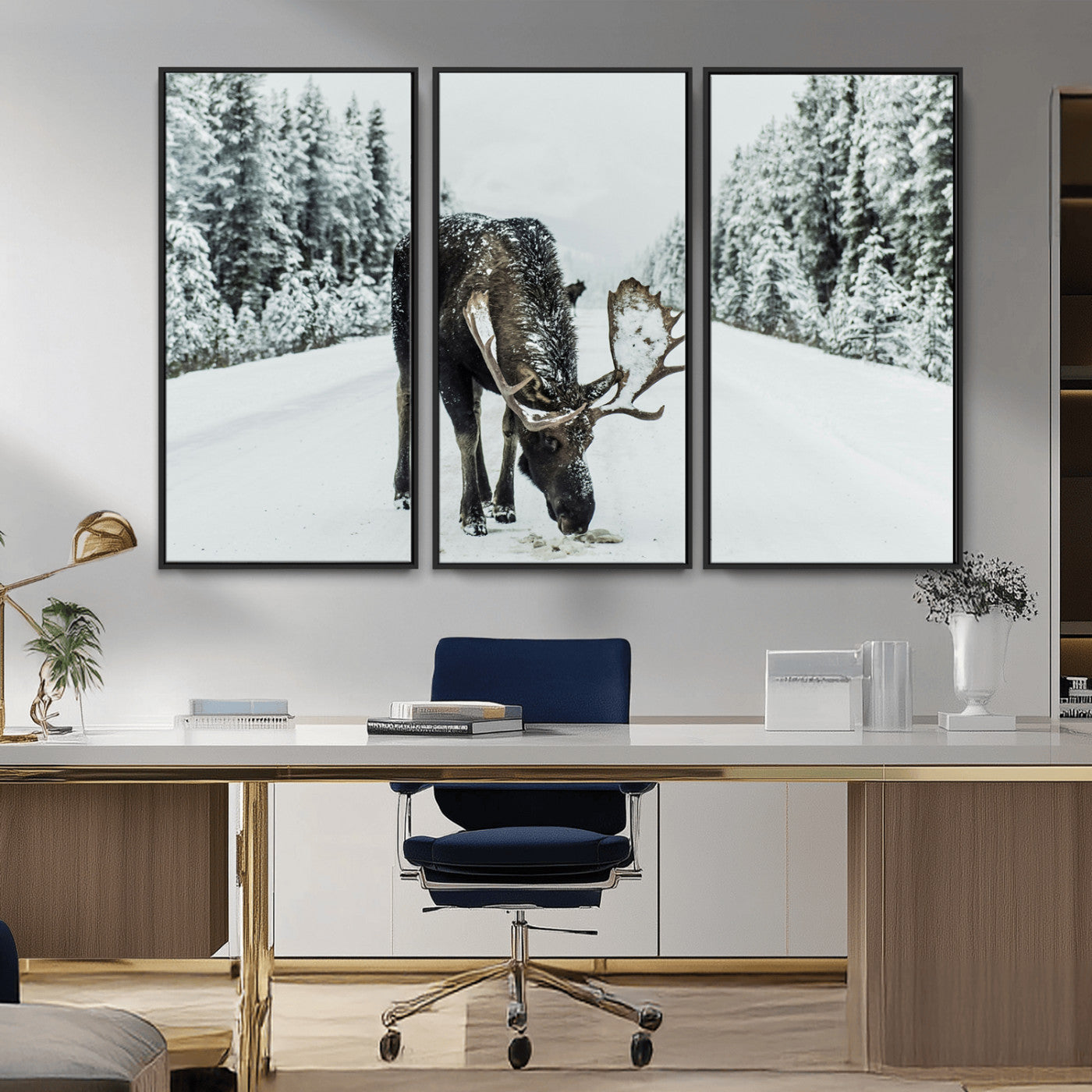 -Moose Snow Wall Art Canvas Print – Framed Winter Wildlife Snowy Forest Nature Scene Artwork for Home, Office, Living Room