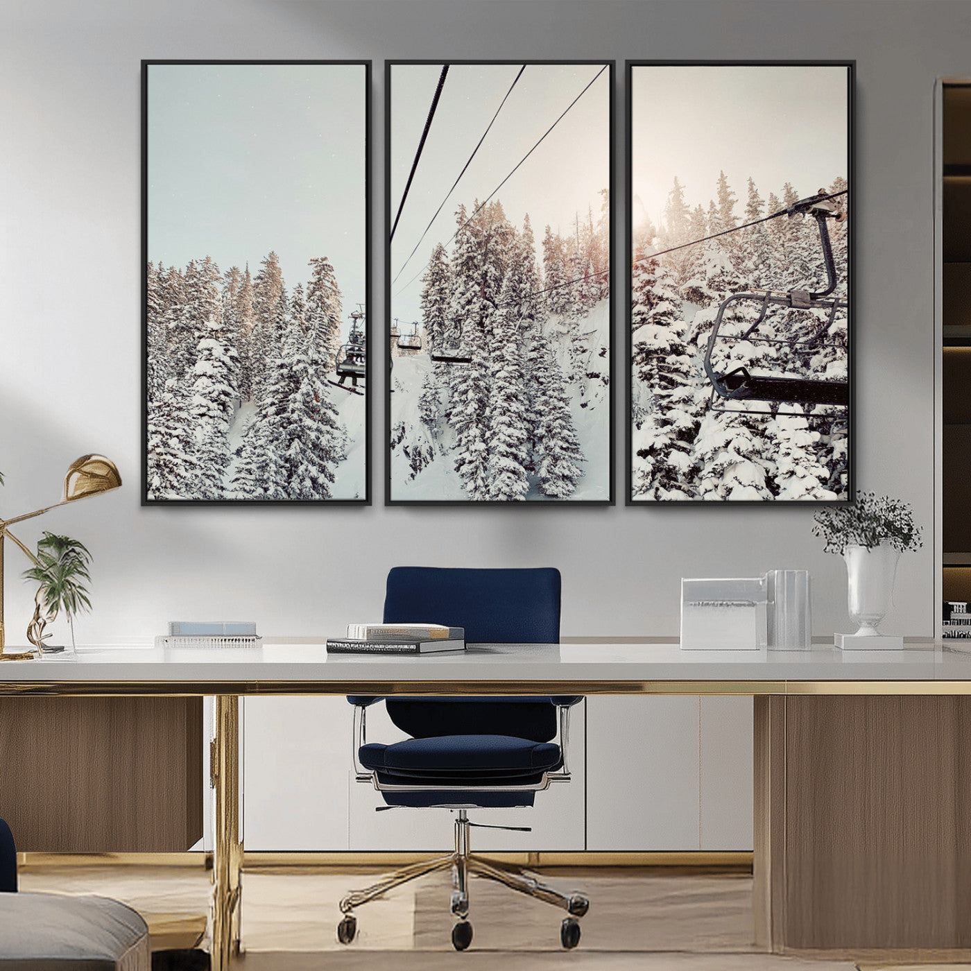 91534512-MGV-CV-36X24-Frosty Pines Wall Art Canvas Print – Framed Cozy Cabin Ski Lift Ride Winter Scene Artwork for Home Office