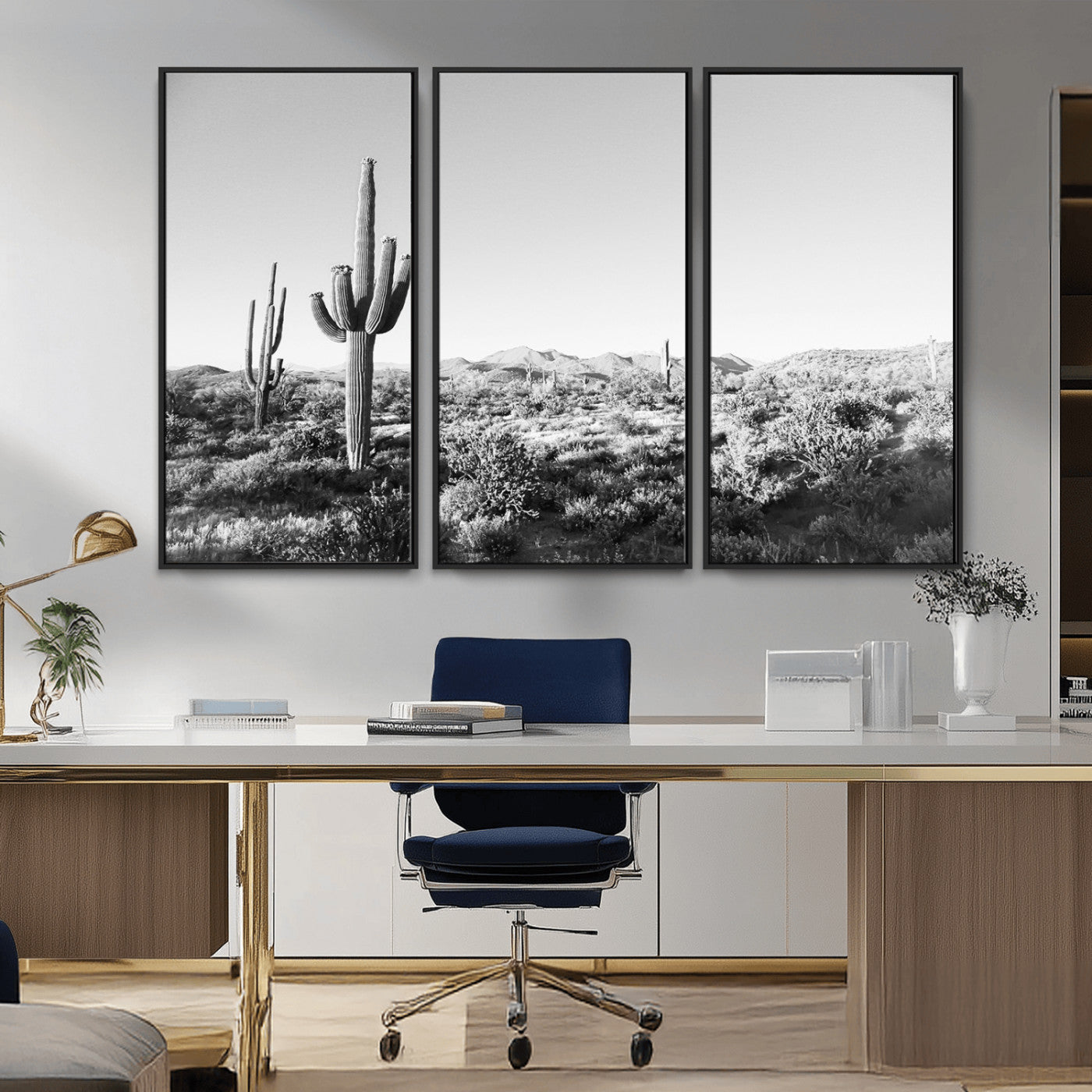 85205054-MGV-FC-48X32-3P_Black-Saguaro Cactus Wall Art Canvas Print – Framed Monochrome Landscape Scenic Arizona Minimalist Western Artwork for Home, Office