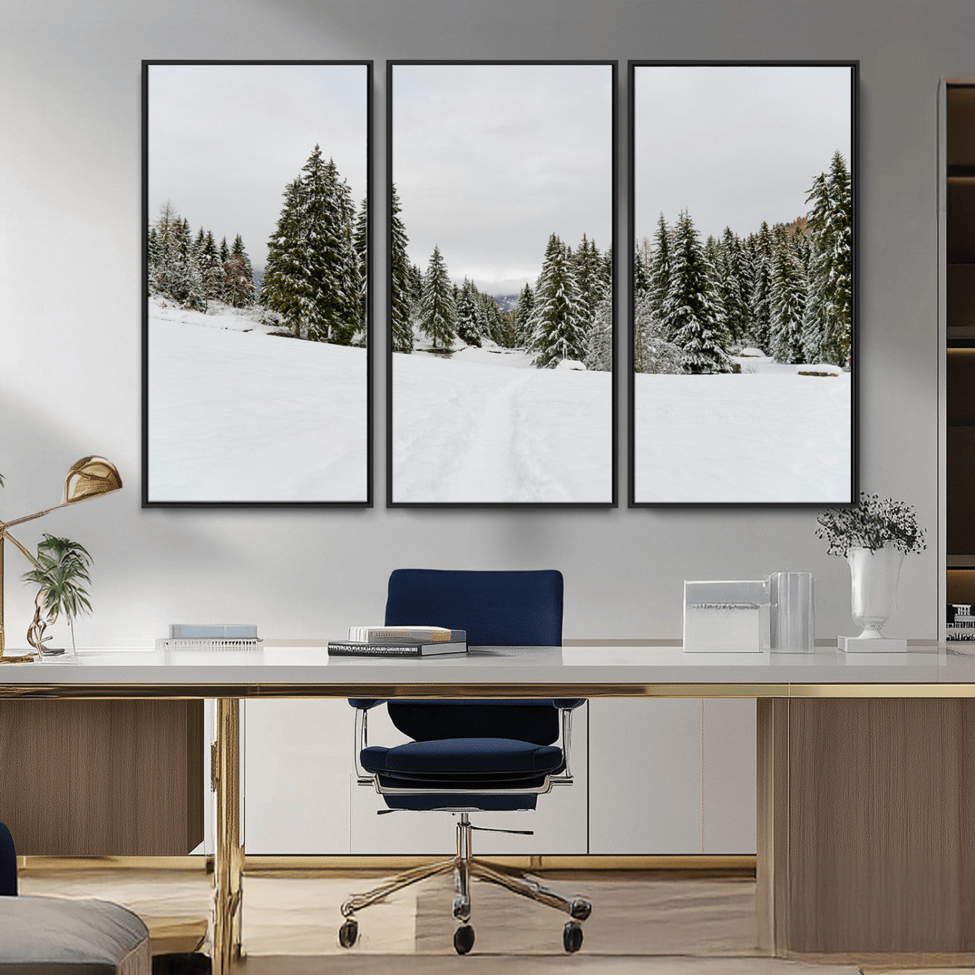 24581417-MGV-FC-48X32-3P_Black-Frosty Pines Wall Art Canvas Print, Framed Silent Snowfall Art Picture Print, Cozy Cabin Vibes Perfect Nordic Minimalist Decor Artwork