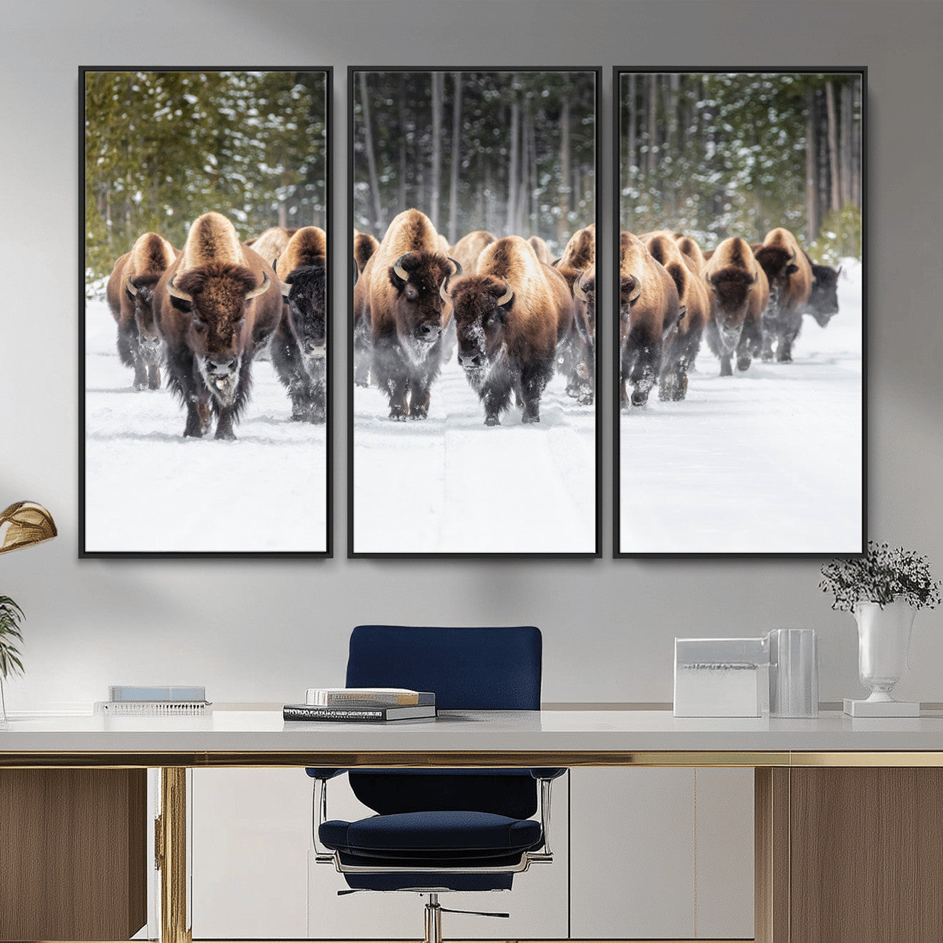 96906195-MGV-FC-48X32-3P - American Bison Herd Snow Canvas Wall Art – Powerful Winter Wildlife Print of Buffalo Motion, Rustic Lodge or Western Cabin Decor for Living Room, Office