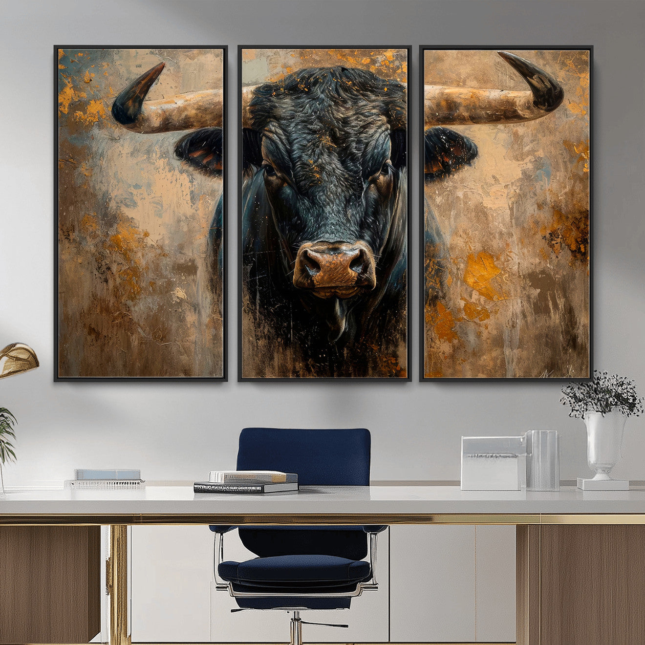 91615410-MGV-CV-36X24 - Abstract Texas Longhorn Bull Wall Art – Rustic Farmhouse Canvas Print, Western Cabin Style Decor, Large Animal Artwork for Living Room or Office