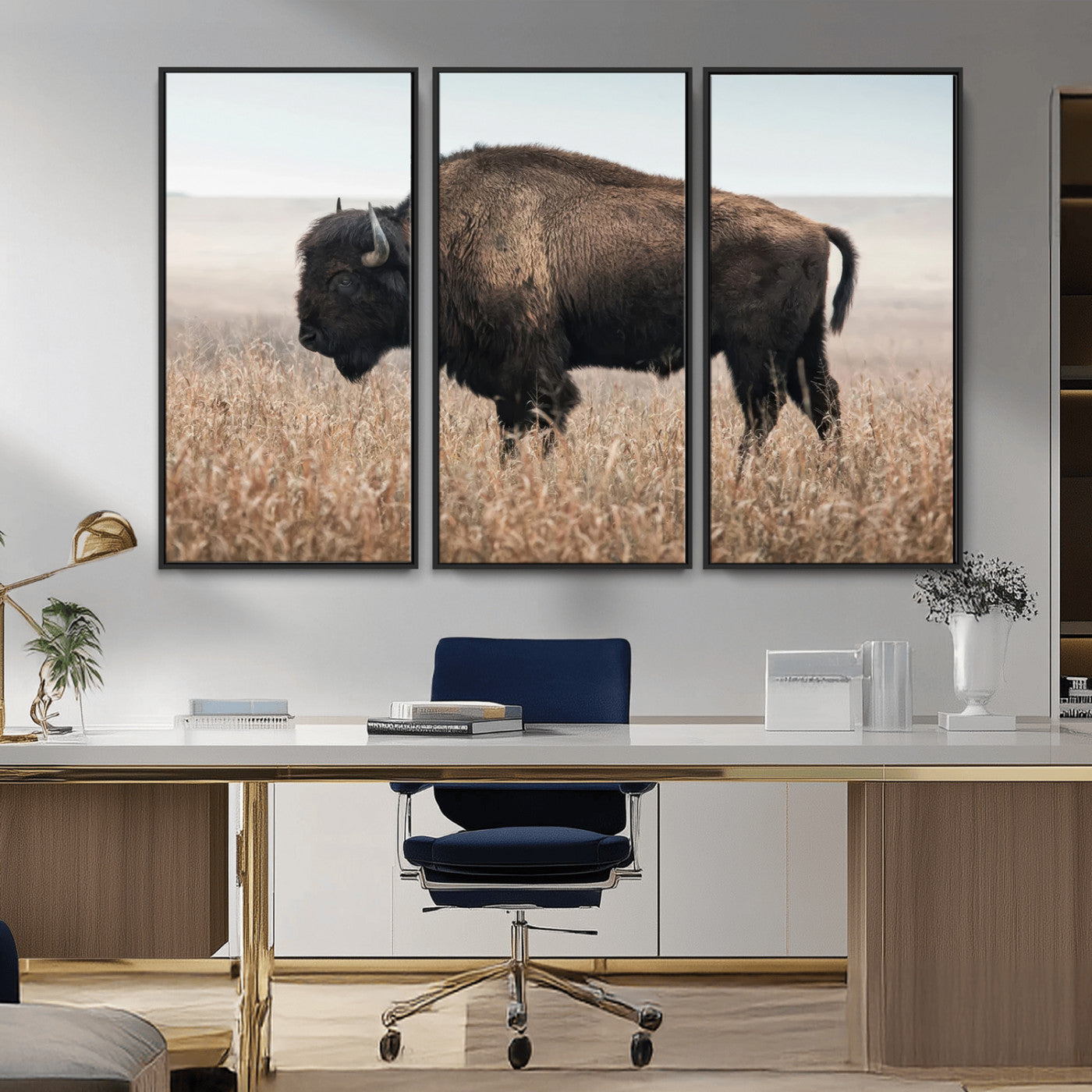 -American Bison Field Wall Art Canvas Print – Majestic Buffalo Grazing Wide Open Plains Wildlife Artwork for Home, Office
