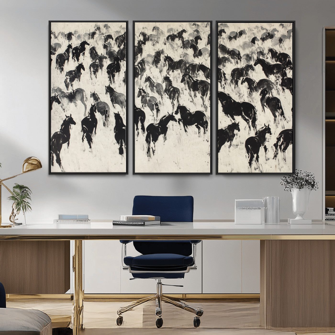 -Wild Horse Stampede Wall Art Canvas Print – Monochrome Running Horses Dynamic Motion Elegant Scene Artwork for Home, Office