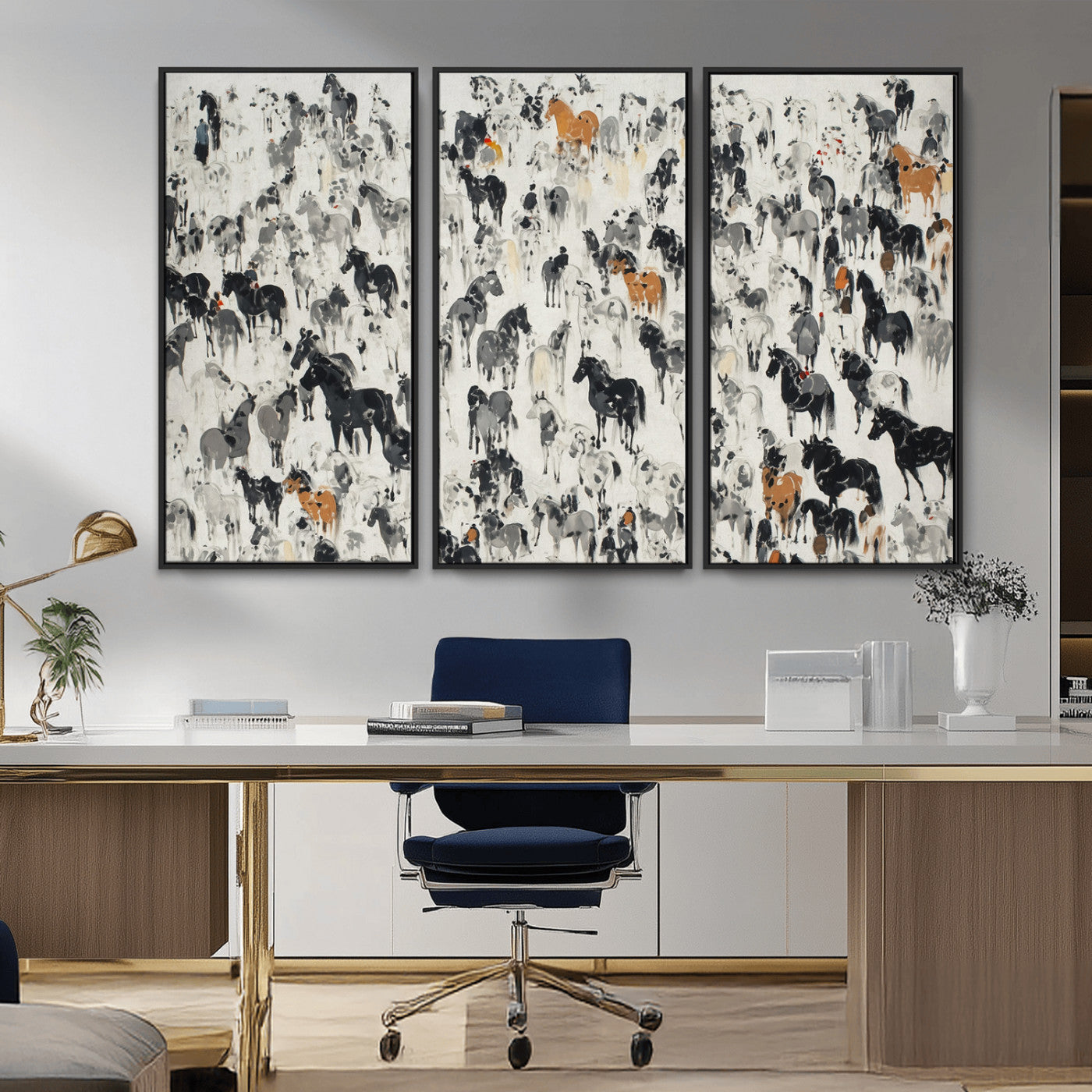 56463722-MGV-CV-36X24-Wild Horse Stampede Wall Art Canvas Print – Monochrome Running Horses Dynamic Motion Elegant Scene Artwork for Home, Office