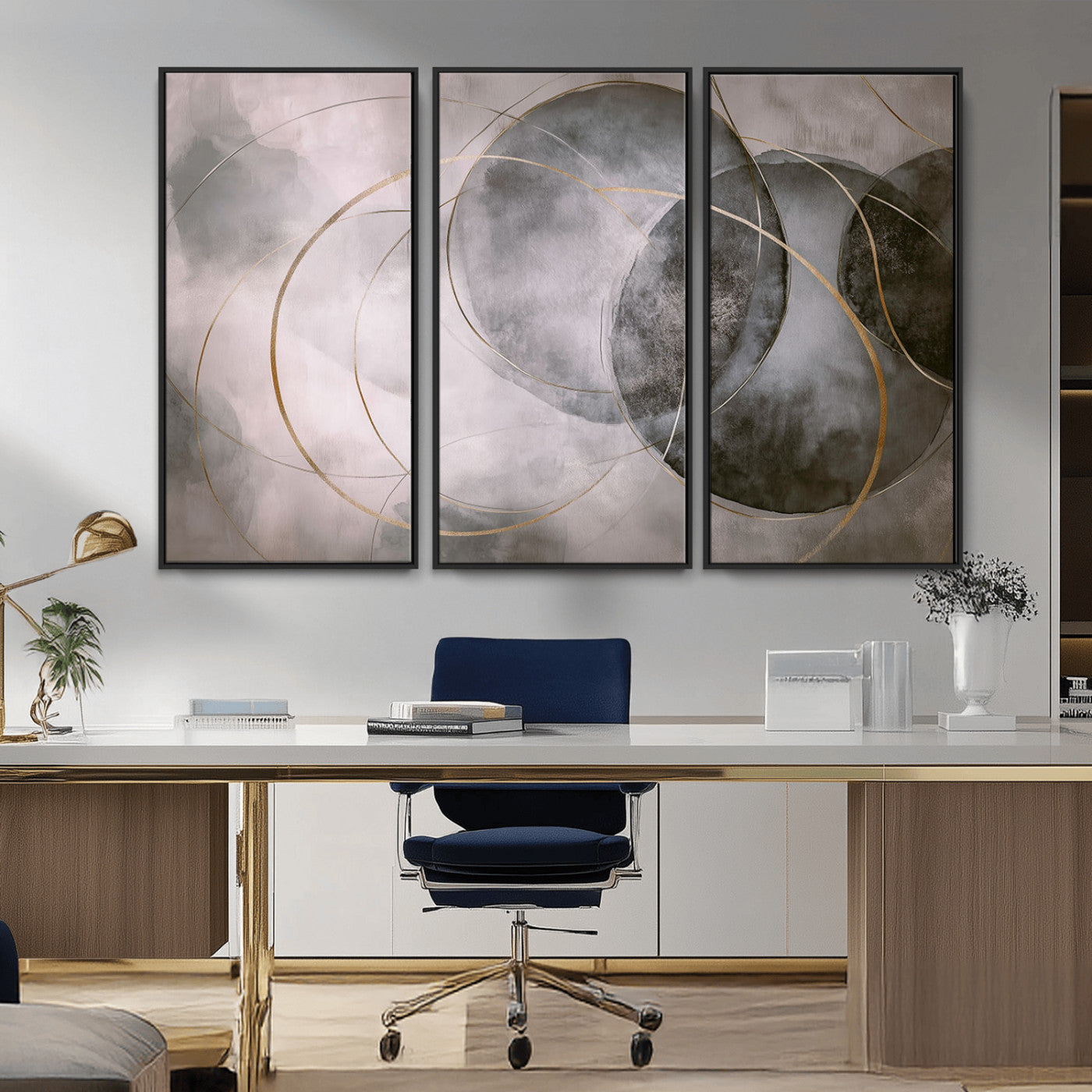 20066876-MGV-CV-36X24-Abstract Grey Gold Circle Wall Art – Modern Geometric Canvas Artwork, Minimal Elegant Design, Luxury Wall Decor for Home, Office